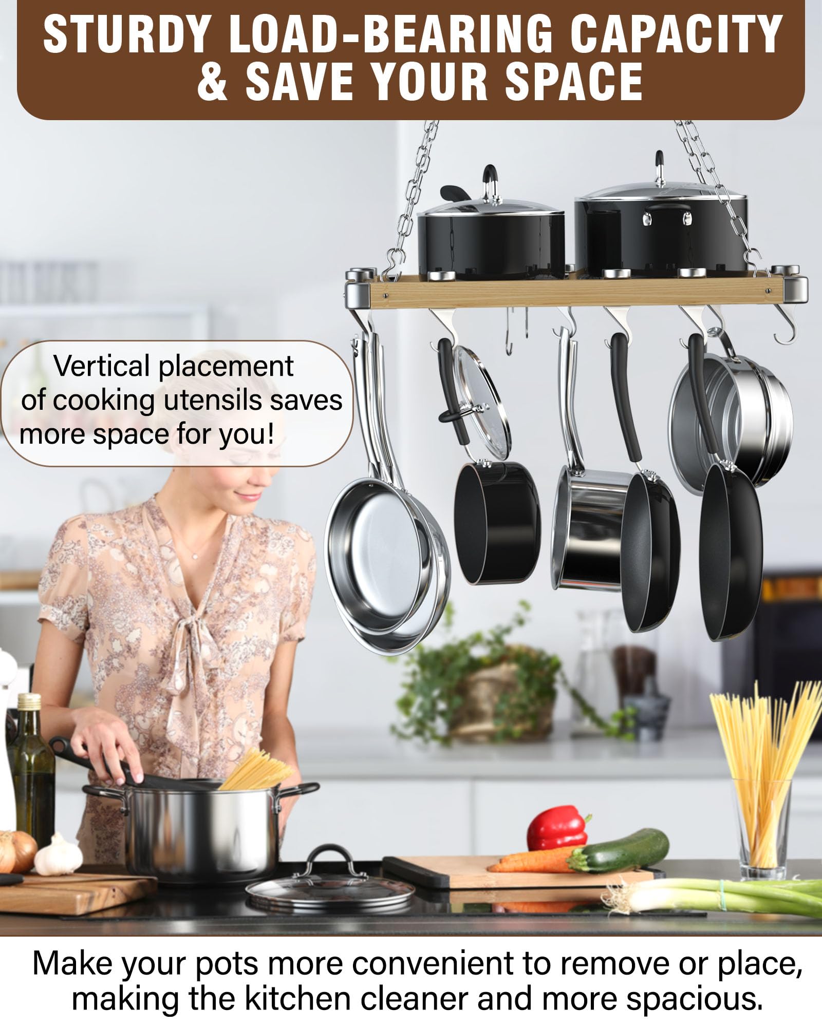 Cooks Standard Ceiling Mounted Wooden Pot Rack, 24-Inch By 18-Inch, Brown