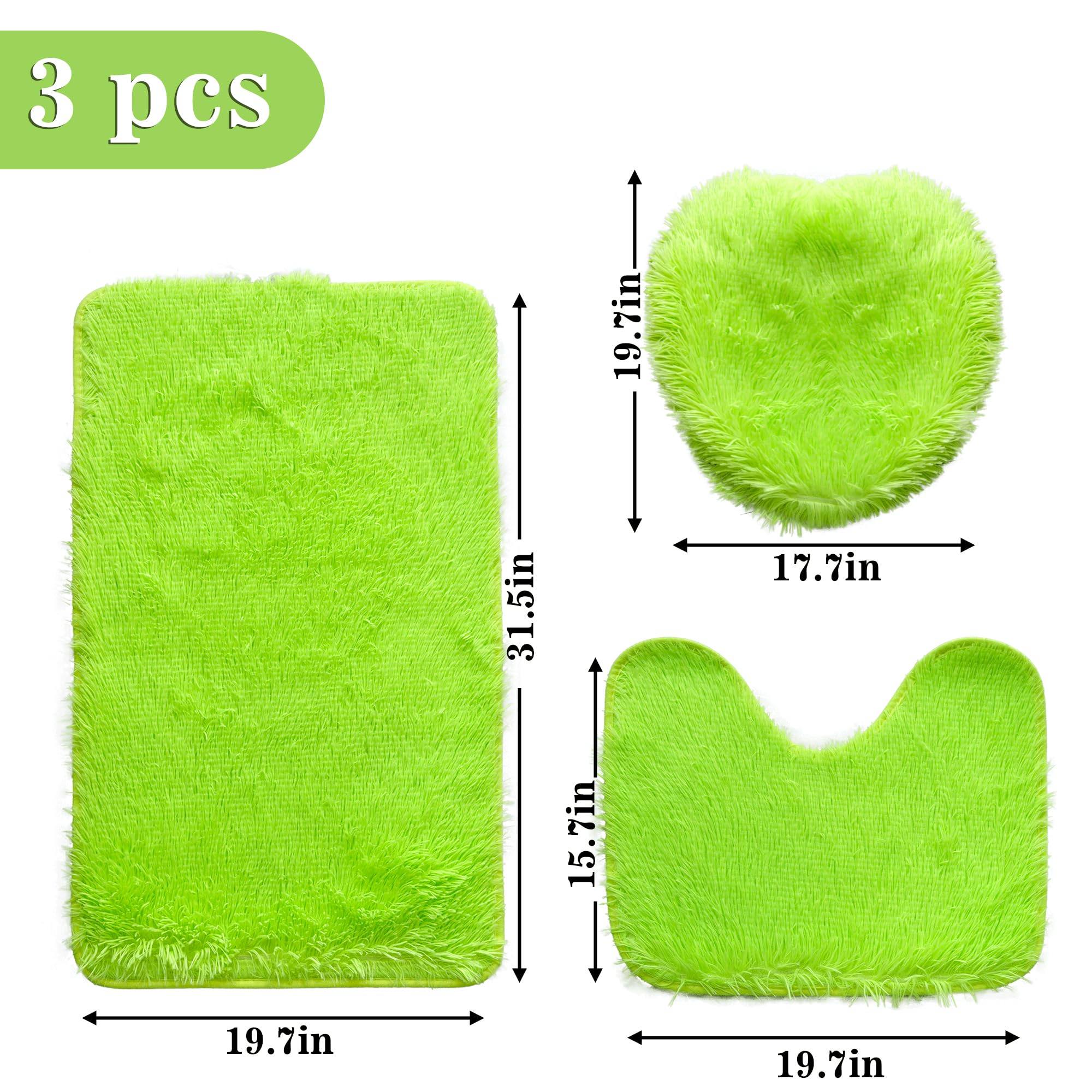 Eanpet Shaggy Bathroom Rugs Sets 3Piece Green Bath Mat For Bathroom Non-Slip Bathroom Mats Water Absorbent Bath Rug Floor Mats S