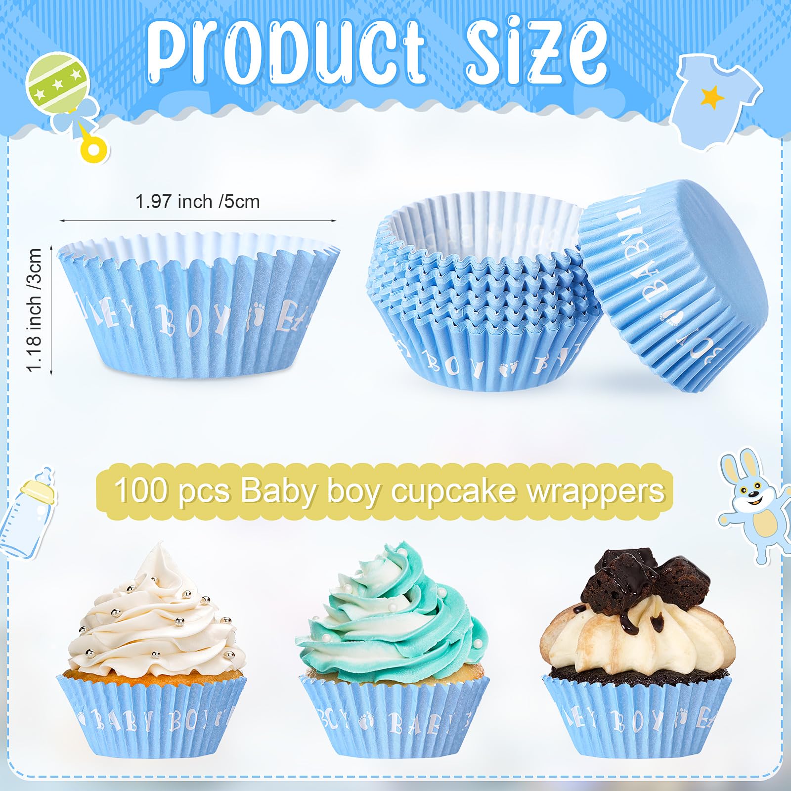 Suttmin 250 Pcs Baby Boy Cupcake Decorations Include 150 Baby Blue Cupcake Liners Wrappers Baking Cups 100 Baby Boy Cupcake Topp