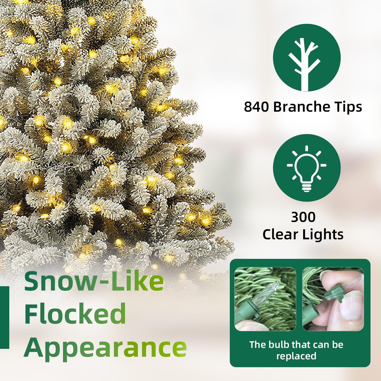Aovotreena 6ft Pre-Lit Snow Flocked Christmas Tree with 300 White Lights, 840 Full PVC Branch Tips,Mixed Green & White, Hinged Q