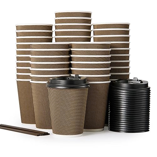 80 Pack 12oz Paper Coffee Cups  Insulated Ripple Wall Paper Coffee Cups with Lid and Straws  Three Layer Insulated Hot Beverage Cups  for Cold/Hot Drinks  Coffee Cups for Parties  Picnic  and Travel.