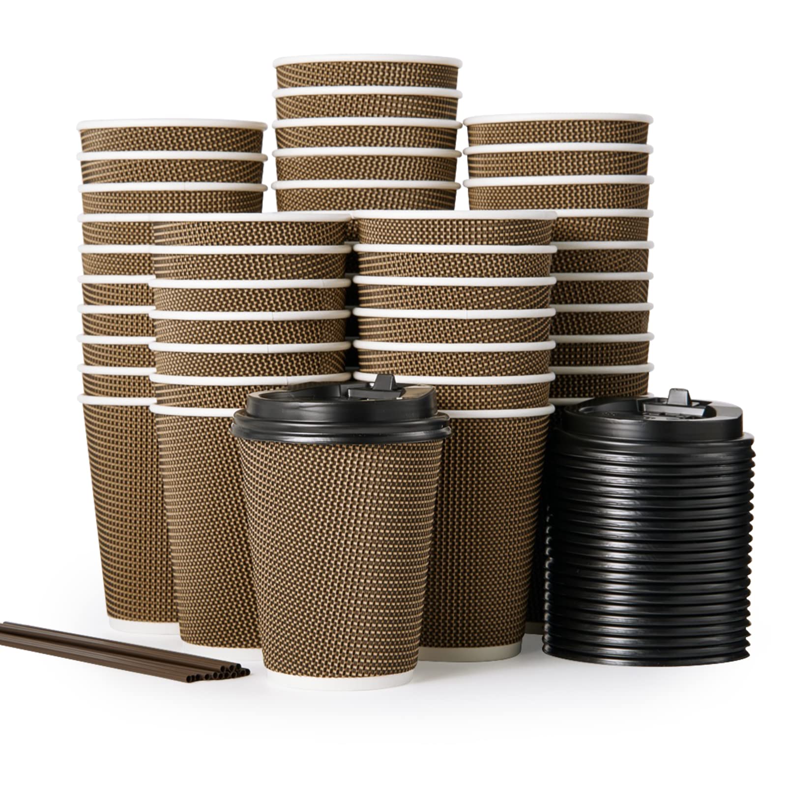 80 Pack 12Oz Paper Coffee Cups, Insulated Ripple Wall Paper Coffee Cups With Lid And Straws, Three Layer Insulated Hot Beverage