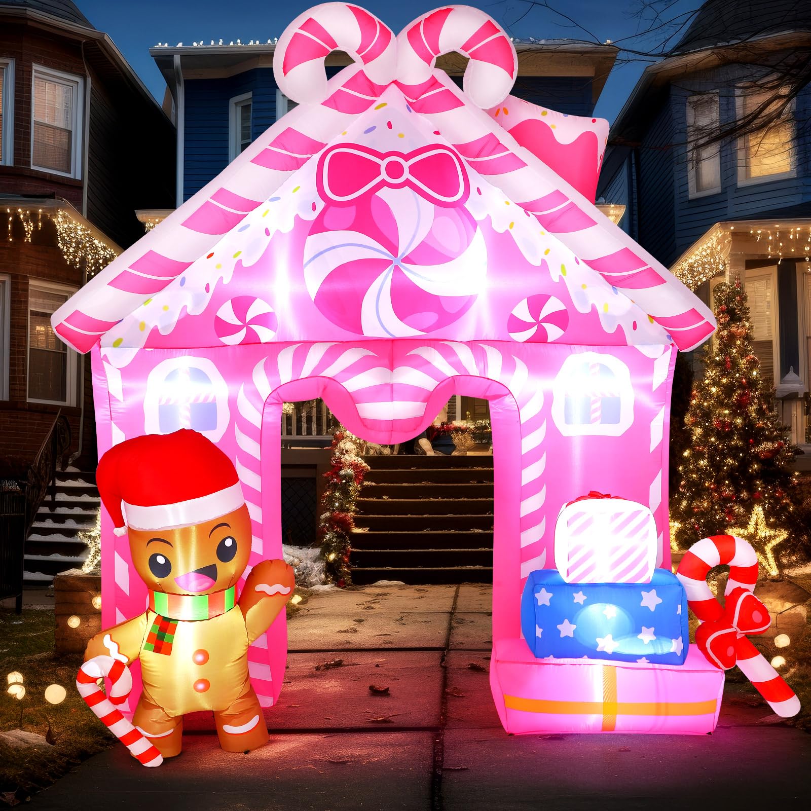 Lenwen Lenwen 10 ft Pink Christmas Inflatable Gingerbread House Archway Gingerbread Man Cookie House and Candy Cane Decor with L