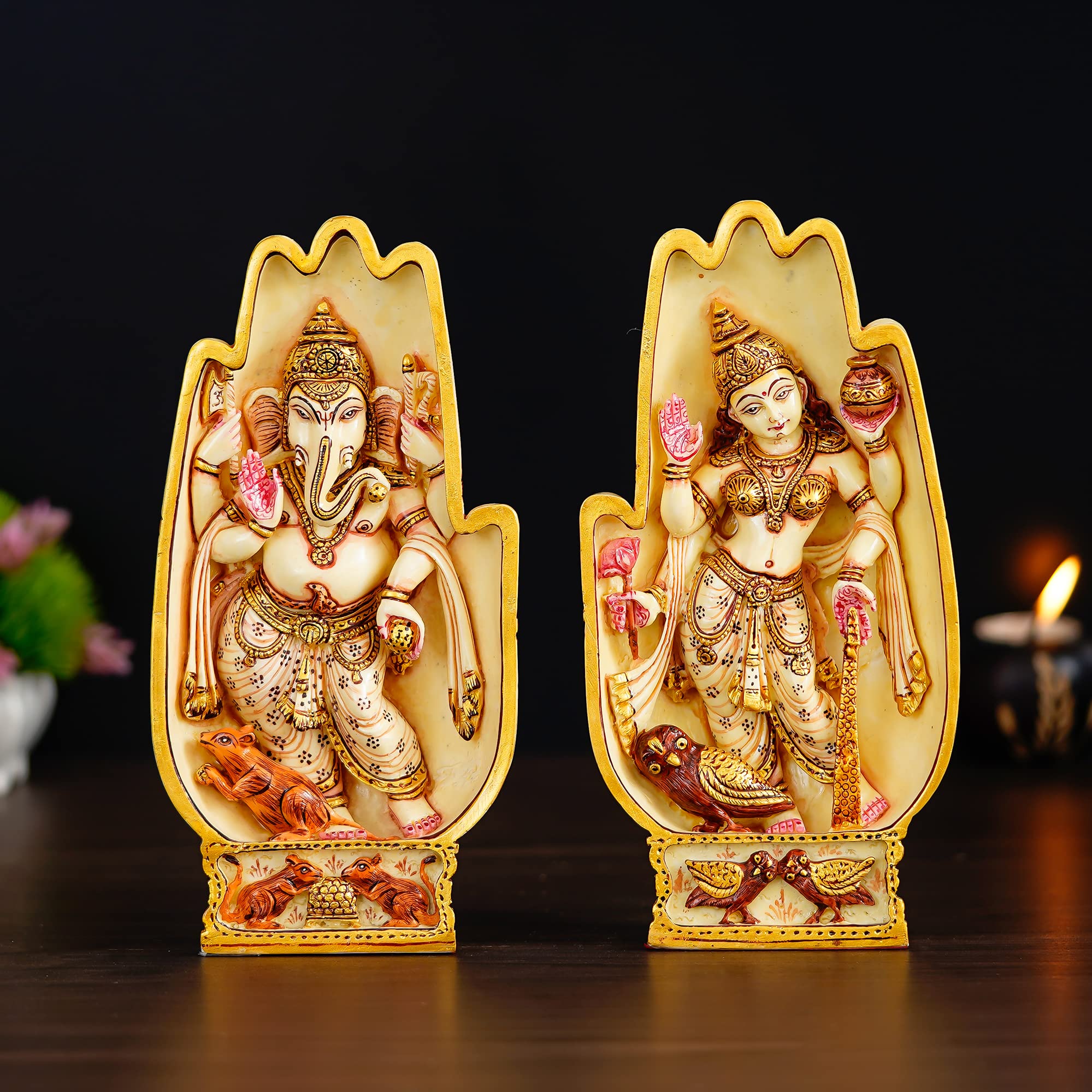 Shyam Antique Creation Pair Of Hands Depicting Lakshmi Seated On Owl And Ganesha On Rat Pair Of Lakshmi Ganesh Idol Murti For Di