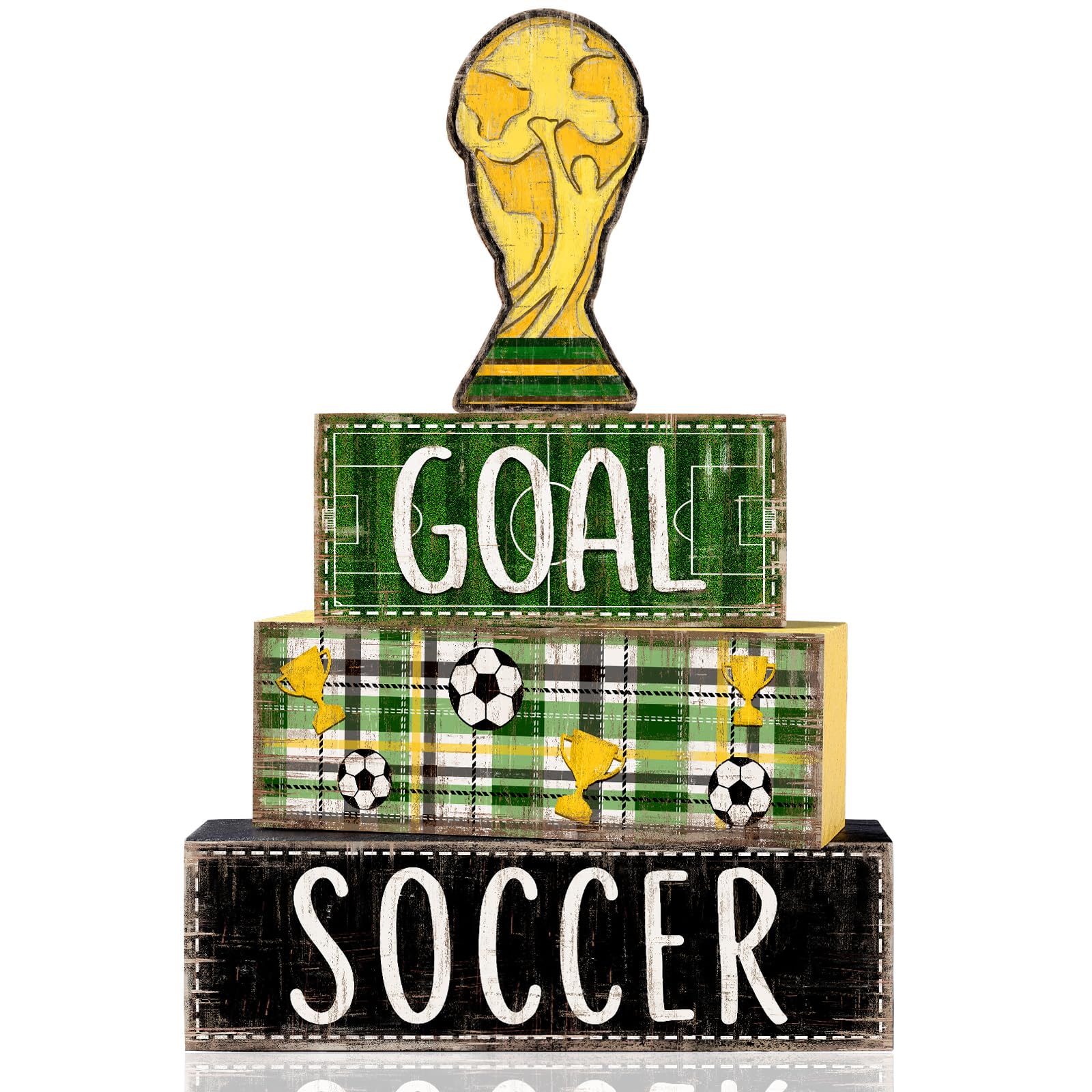 DIYDEC 4Pcs Soccer Tabletop Decorations Wooden Trophy Block Signs Gift Rustic Football Tiered Tray Decor Soccer Centerpiece Worl
