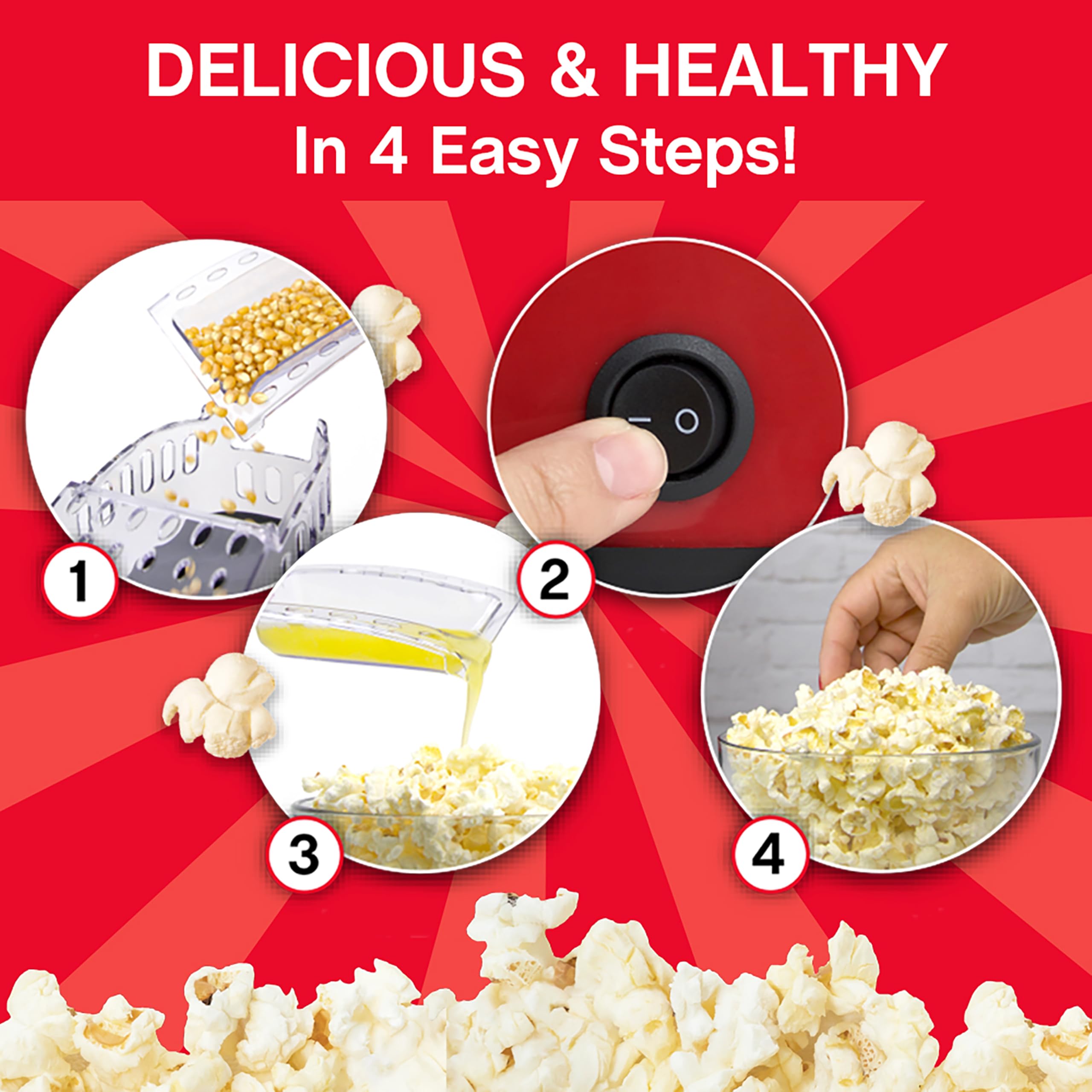 West Bend Air Crazy Popcorn Machine For Healthy Snacking With No Oil, 4-Quart, Red