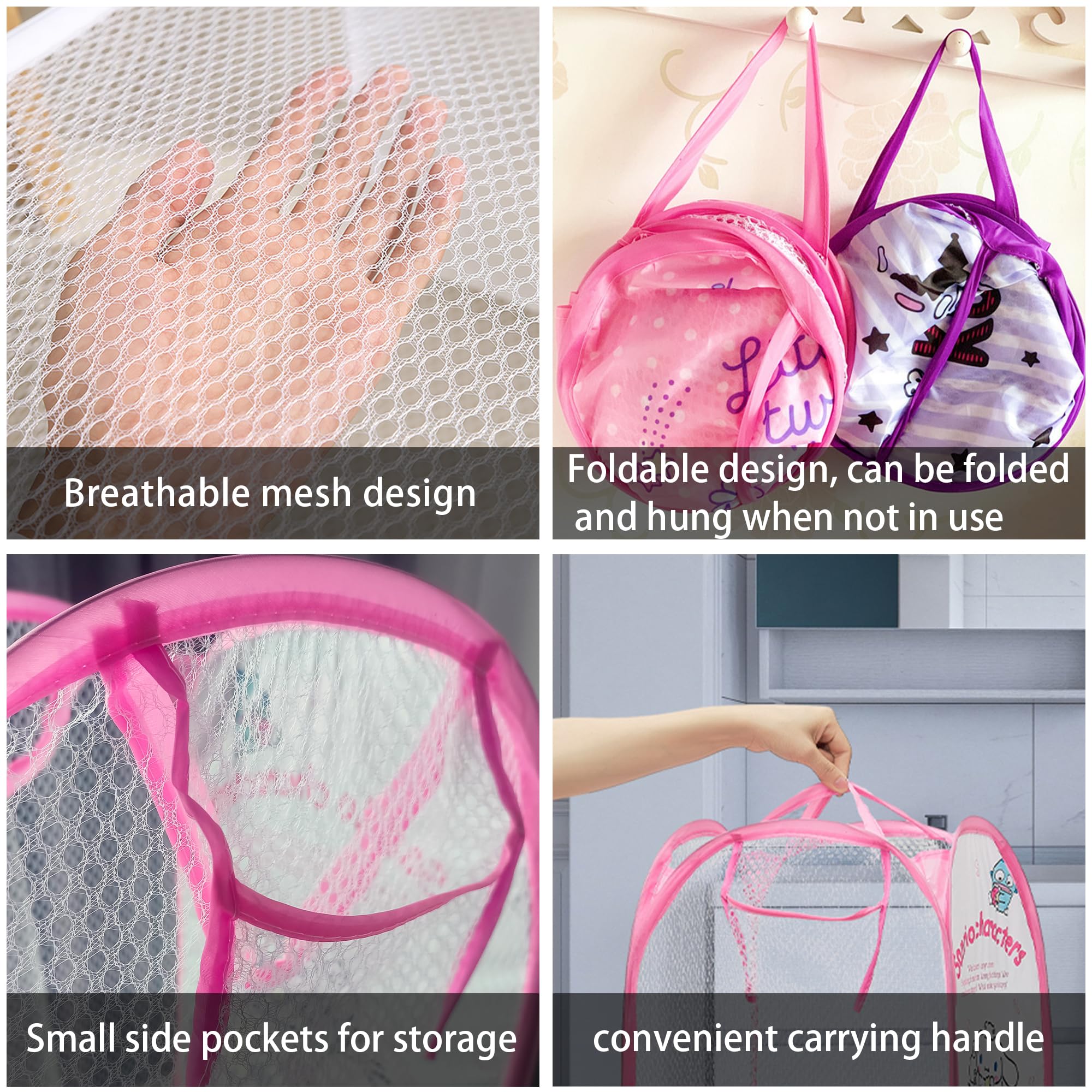 Cute Mesh Popup Laundry Hamper With Carry Handles, Large Capacity Foldable Lightweight Dirty Clothes Basket For Girls Room, Dorm