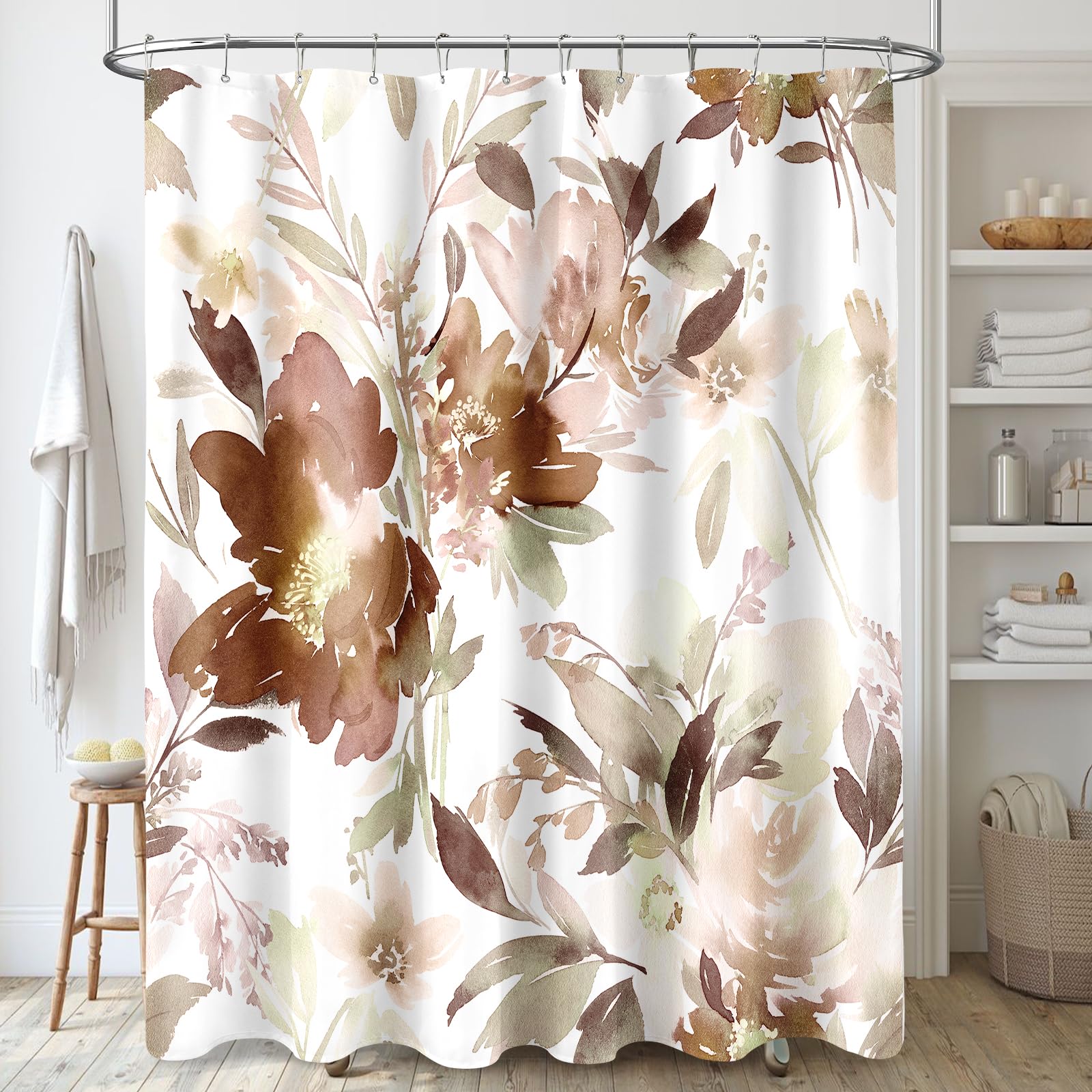 Mayzus Brown Floral Shower Curtain 60X72, Watercolor Flower Shower Curtain For Bathroom, Modern Abstract Ink Decorative Fabric S
