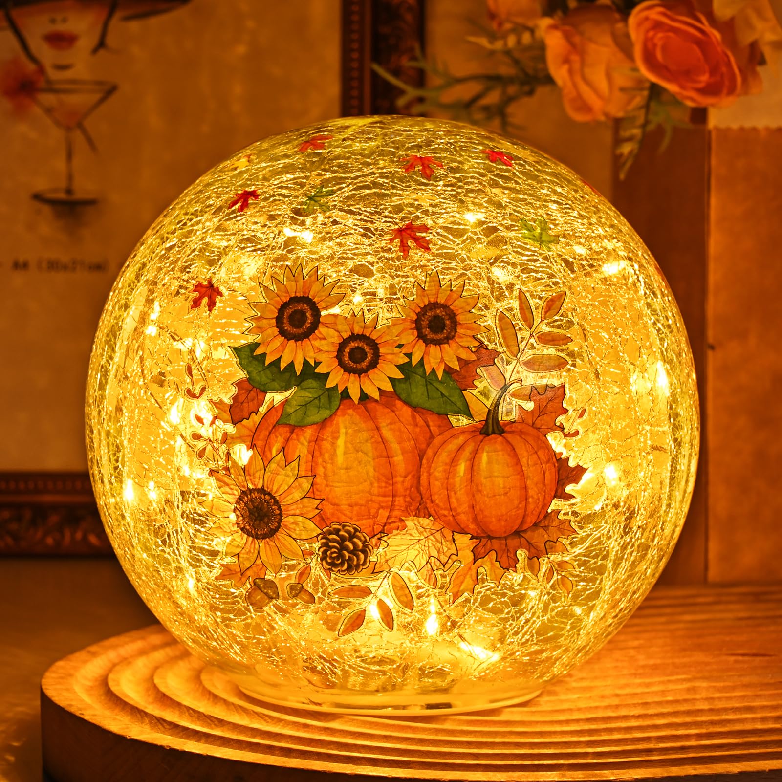 FRAMICS 5.9 Fall Decorations for Home Sunflower Pumpkin Crackle Glass Balls Led Globe Light with Timer Thanksgiving Decorations 
