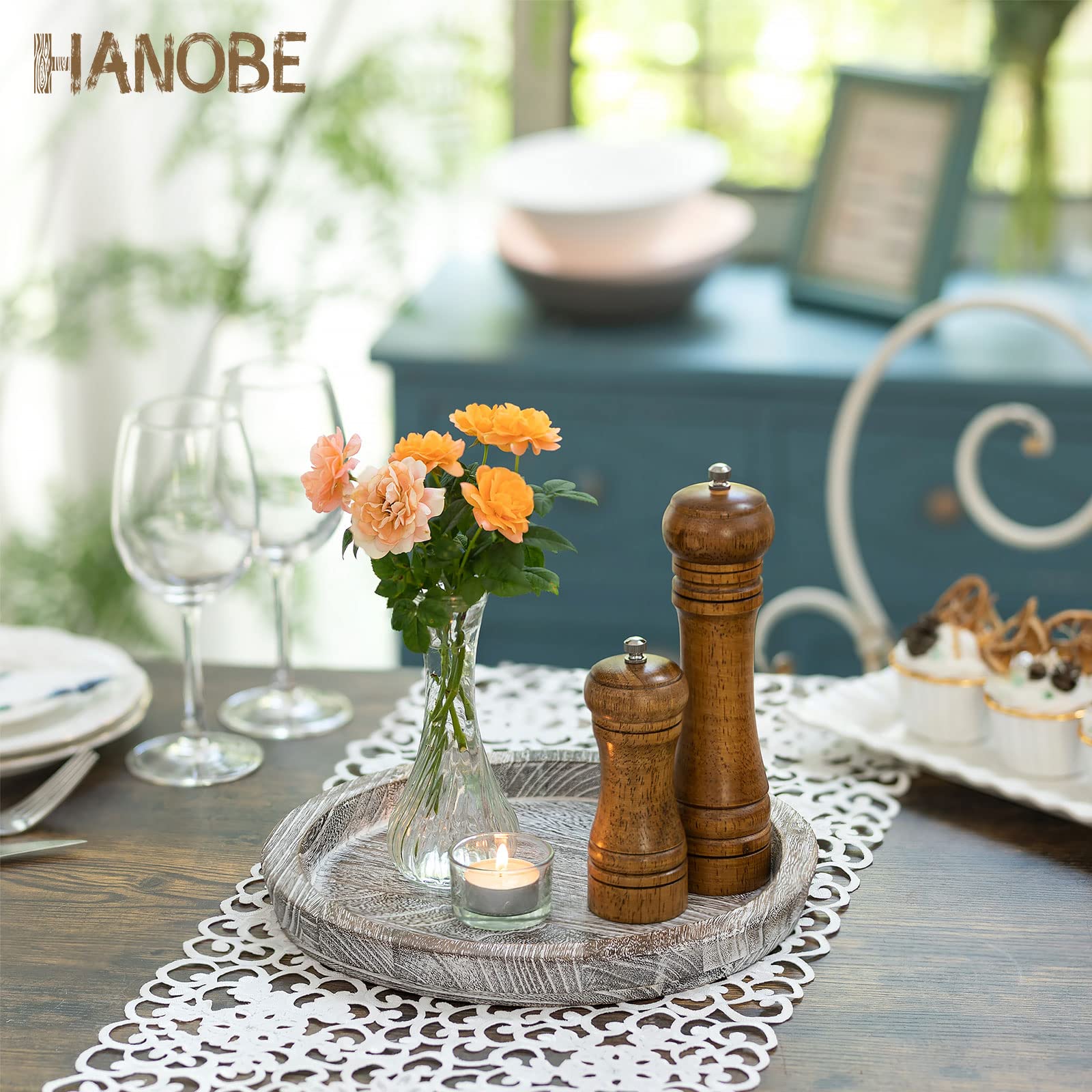 Hanobe Whitewash Wooden Round Serving Tray - Farmhouse Decor For Coffee Table, Kitchen Counter