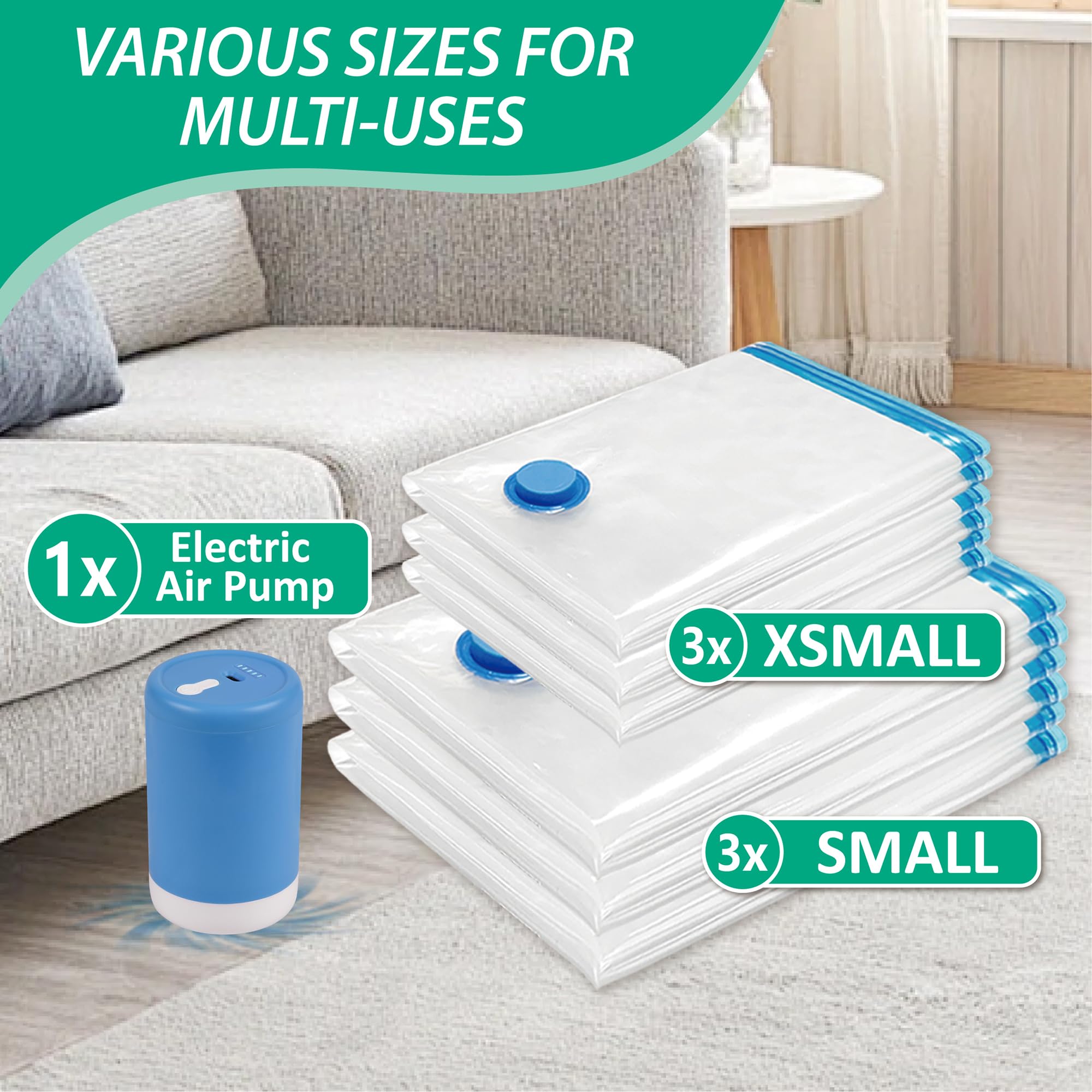 Cozy Essential Travel Vacuum Bags with Electric Pump, 6 Pack Vacuum Travel Bags for Luggage and Suitcase, Vacuum Seal Space Save