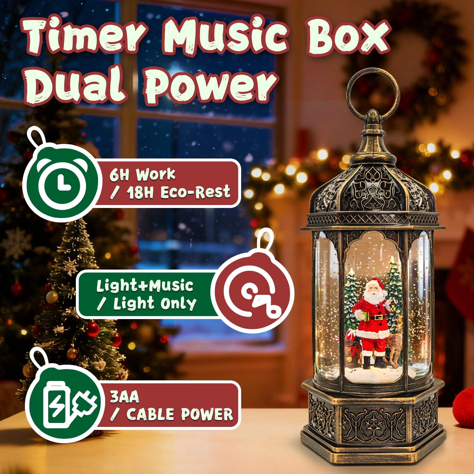 Christmas Snow Globes Lantern, Santa Claus & Deer Christmas Decorations Indoor, 6H Timer Battery & USB Powered Light Up Musical