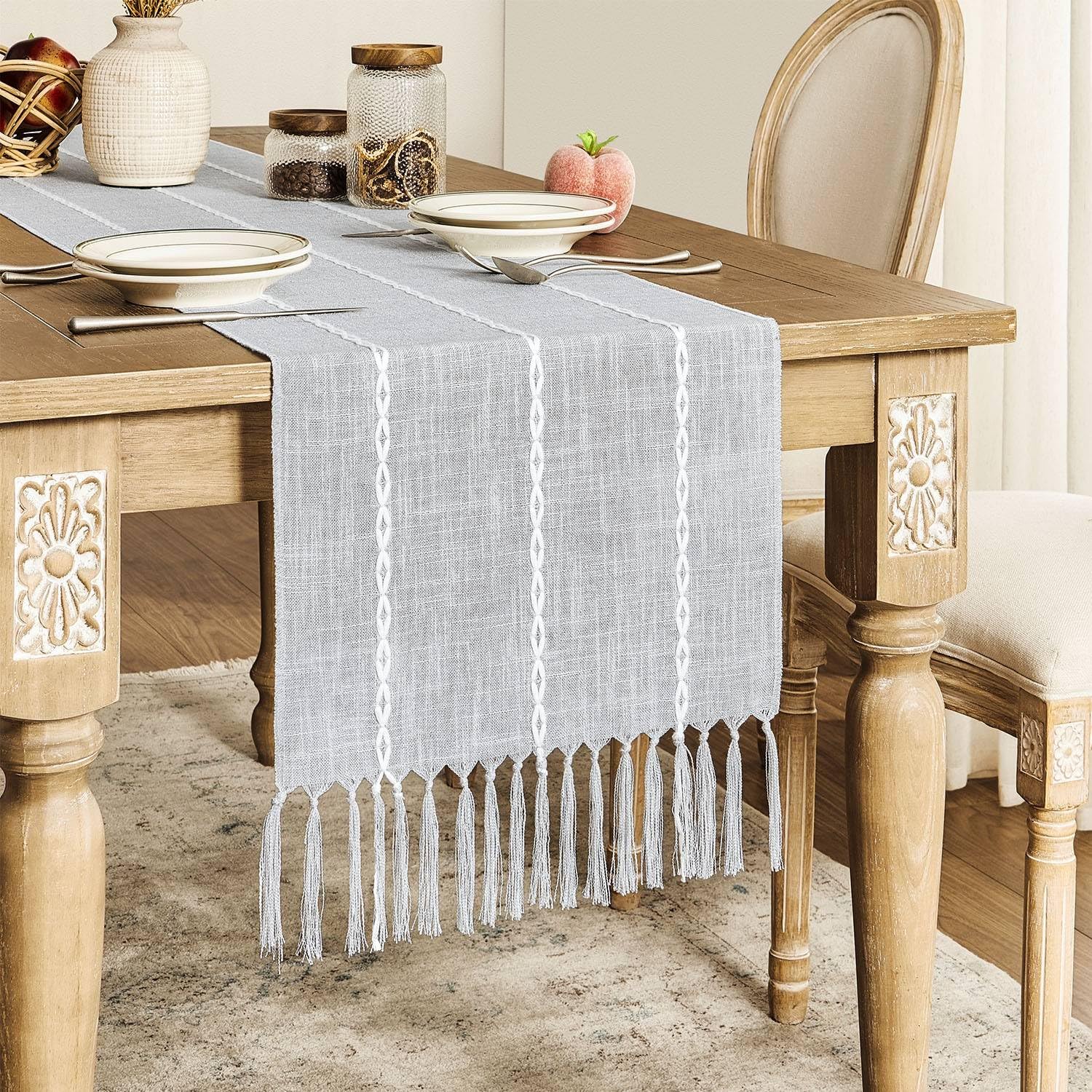 Zeemart Farmhouse Table Runner, Rustic Table Runners 90 Inches Long, Linen Boho Table Runner, Braided Striped Grey Table Runner