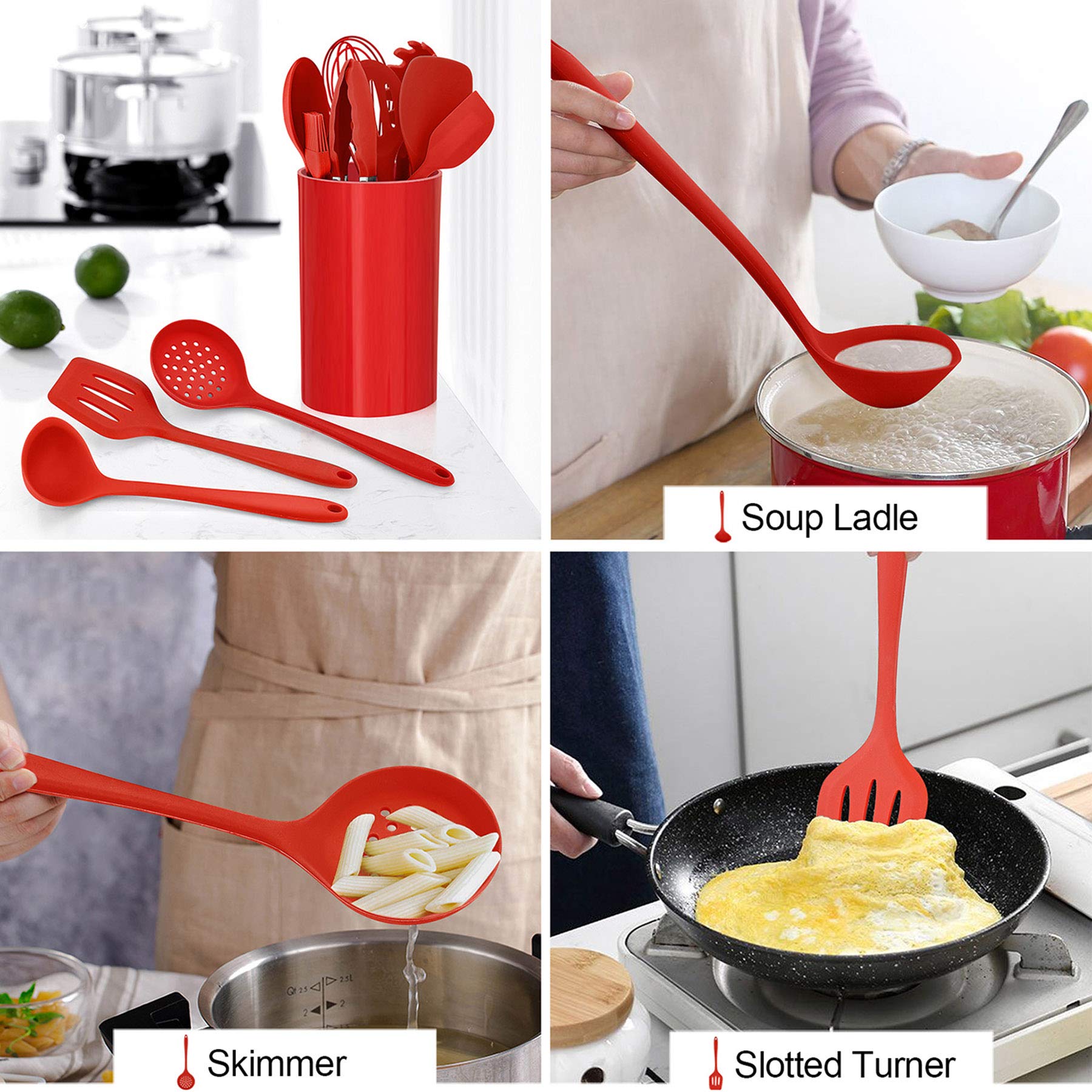 Lianyu 12-Piece Red Silicone Kitchen Cooking Utensils With Holder, Kitchen Tools Set Include Slotted Spatula Spoon Turner Ladle