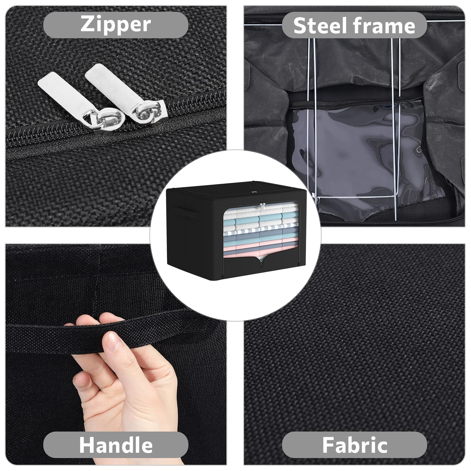 3 Pack Clothes Storage Bins - Foldable Metal Frame Storage Box - Stackable Linen Fabric Organizer Set with Carrying Handles and