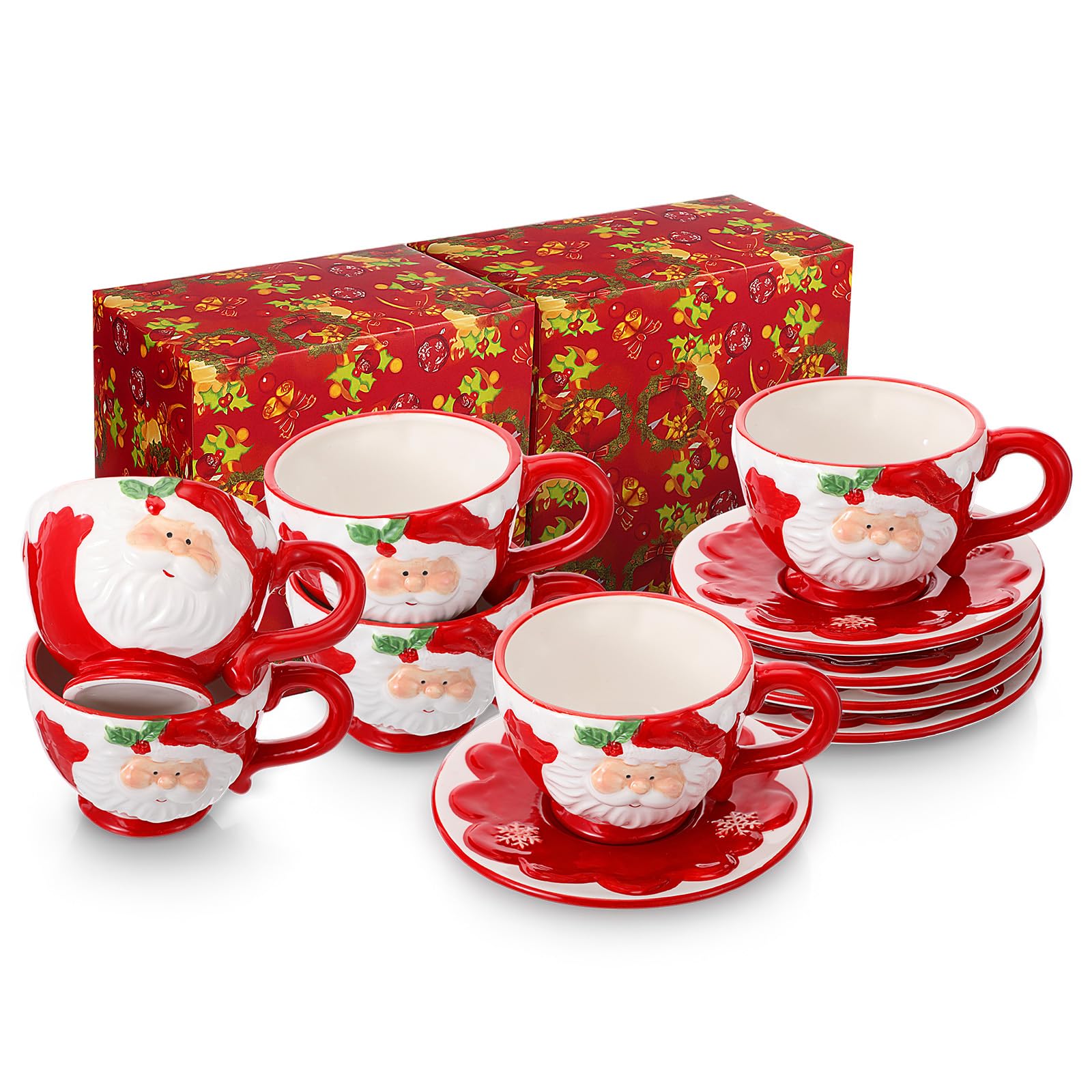Sieral 6 Sets Christmas Santa Cups Saucers Ceramic Mugs,Snowflake Style