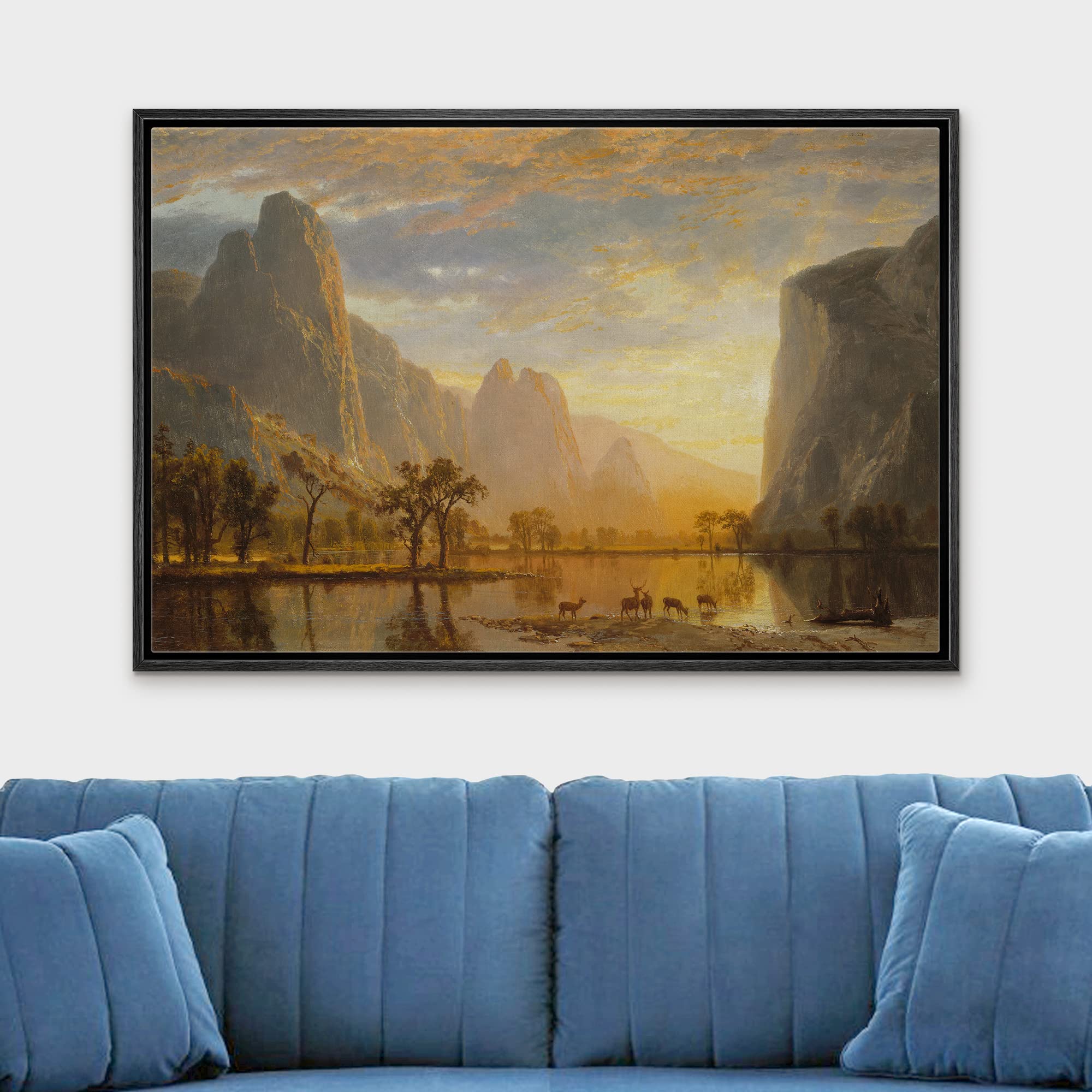 wall26 Framed Canvas Print Wall Art Golden Hour Over Mountain Landscape & Deer Nature Wilderness Illustrations Modern Art Rustic Scenic Multicolor for Living Room  Bedroom  Office - 16''x24'' Black