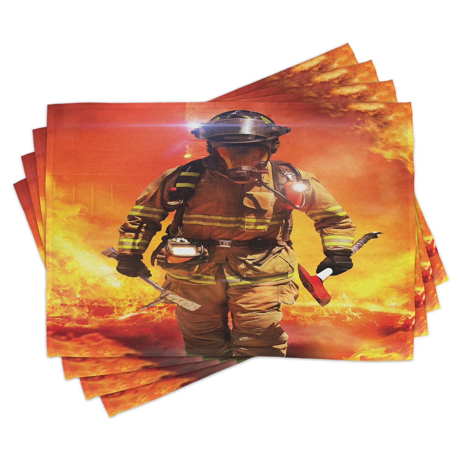 Lunarable Service Place Mats Set Of 4, Man In A Building On Searching For Survivors Emergency Services Illustration, Washable Fa