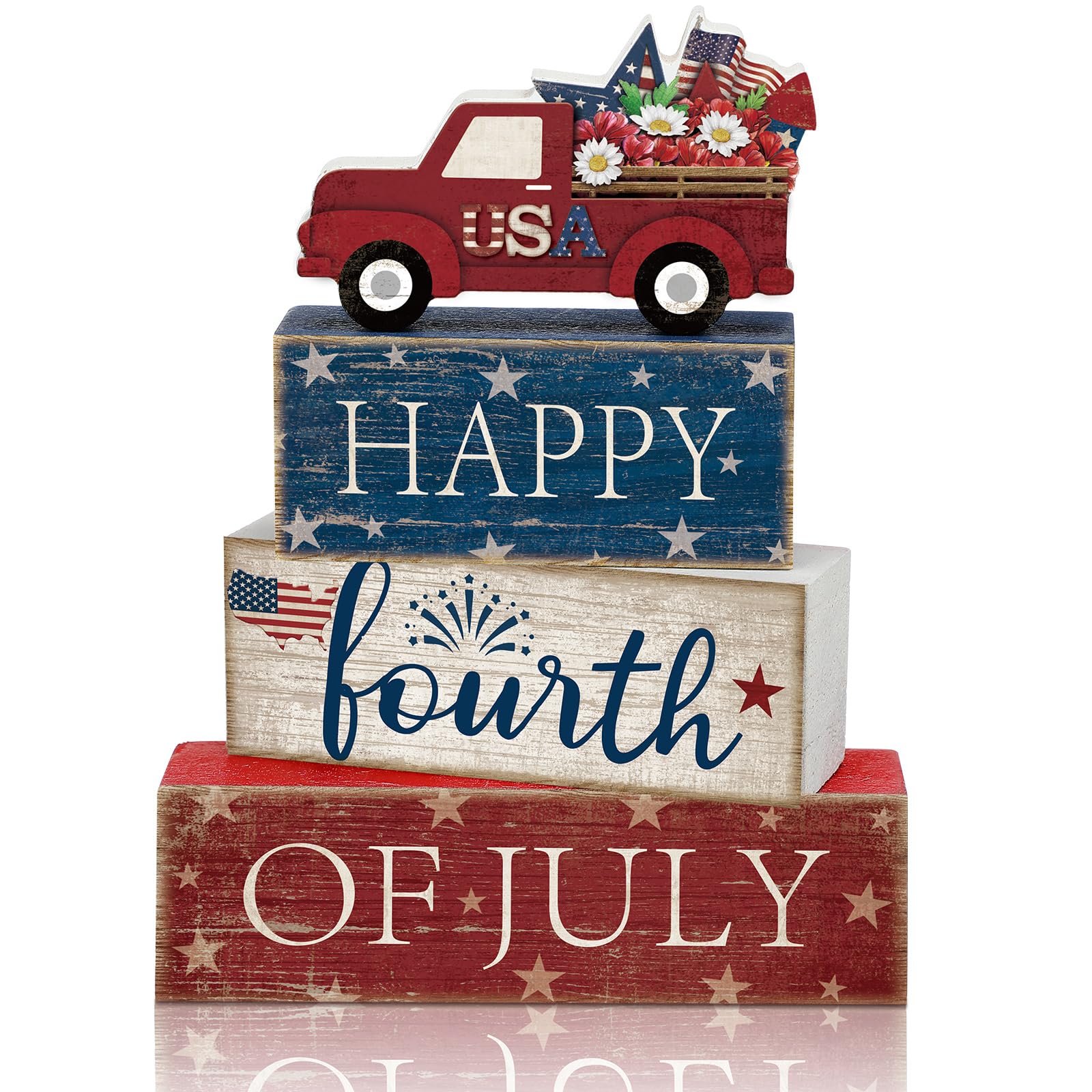 CroBlissful 4 Pcs Veterans Day Decorations Patriotic Memorial Day Tabletop Decorations Red White Blue Table Centerpieces Wood Bl