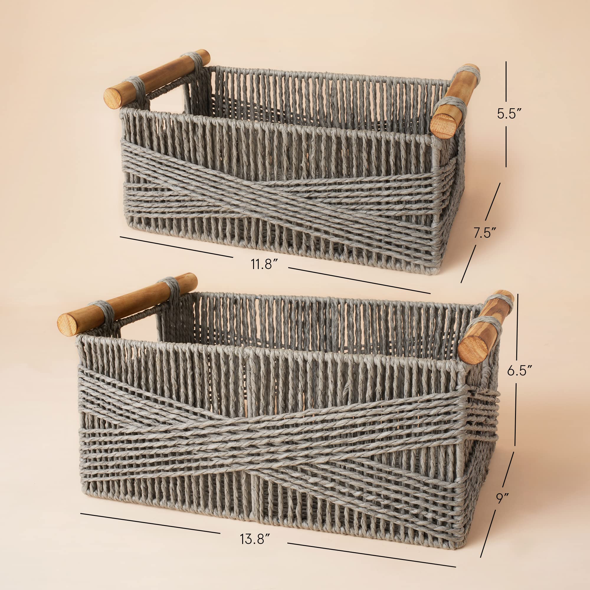 LA JOLIE MUSE Wicker Storage Baskets for Organizing  Recyclable Paper Rope Basket with Wood Handles  Decorative Hand Woven Basket Organizers for Makeup Books Shelves Living Room  Grey  Set of 2