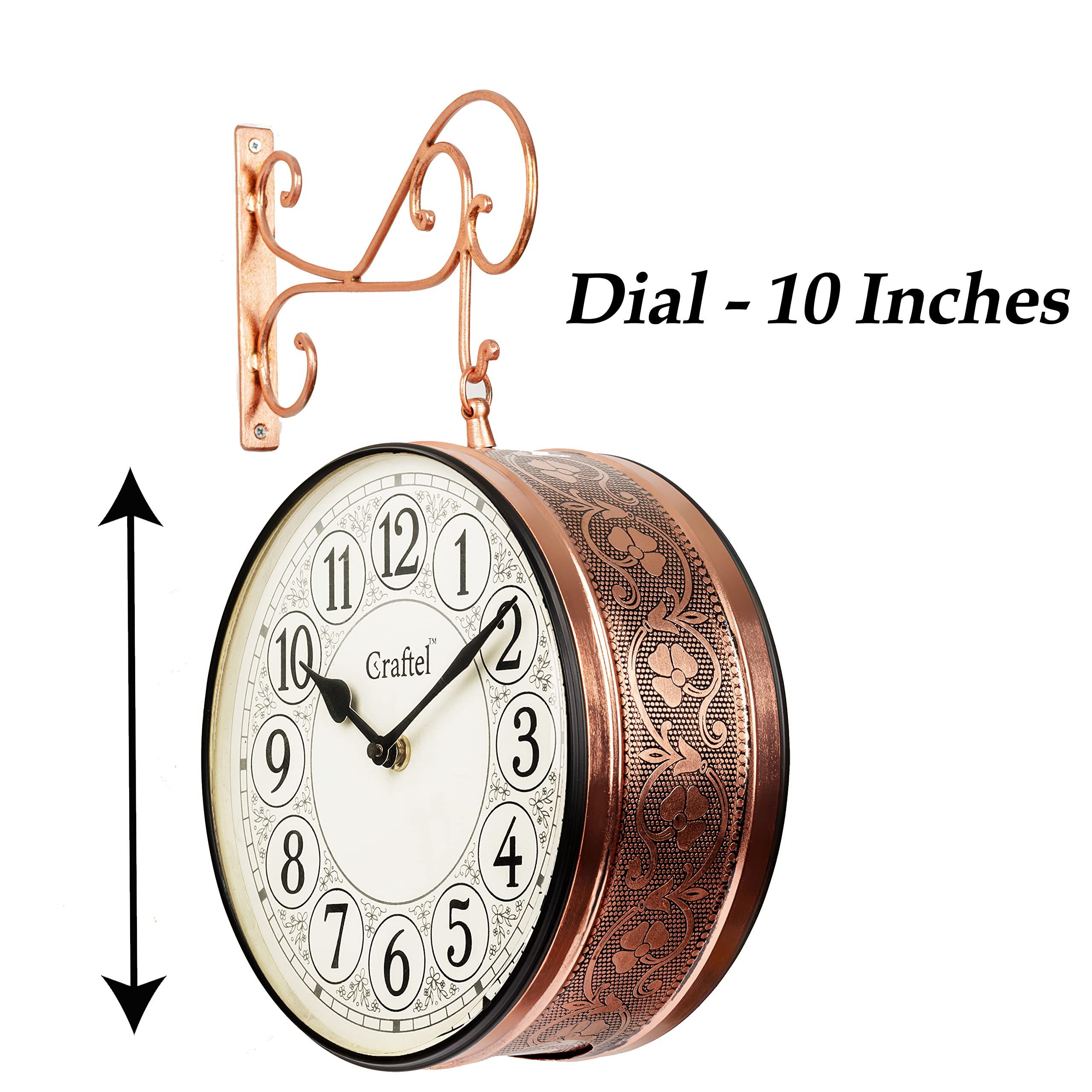 CRAFTEL Metal Analog Railway Station Clock Double Sided Vintage Wall Clock for Living Room Home and Office (Rose Gold_10 Inches)