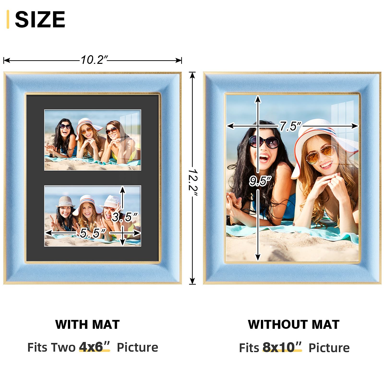 KSROECUD 8x10 Velvet Picture Frame with 2 Opening 4x6 Picture, HD Real Glass Spruce Blue Velvet Photo Frame with Black White Bor