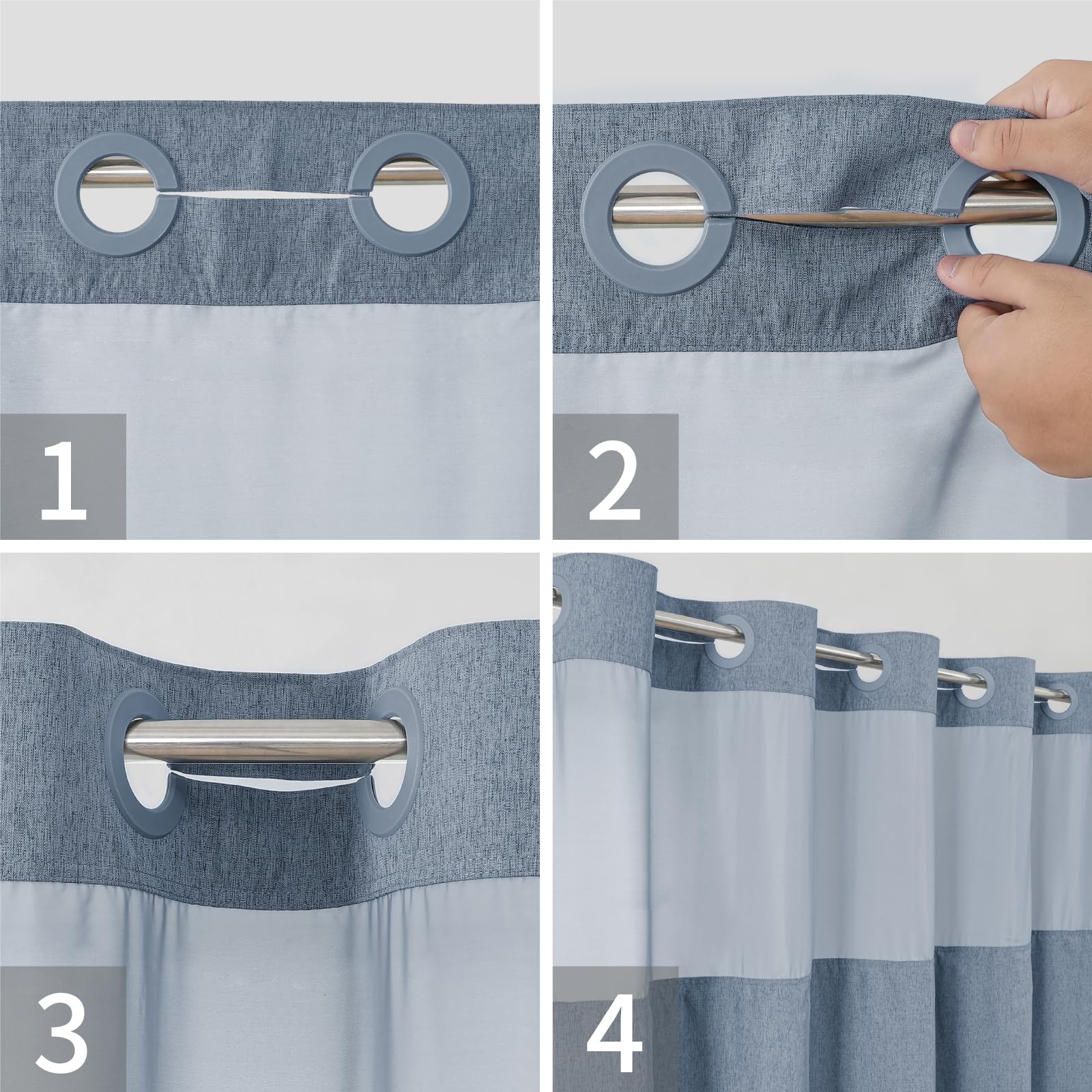 Eachope No Hooks Needed Linen Textured Shower Curtain With Snap-In Fabric Liner Set,Blue Grey Hotel Luxury Decor Shower Curtains
