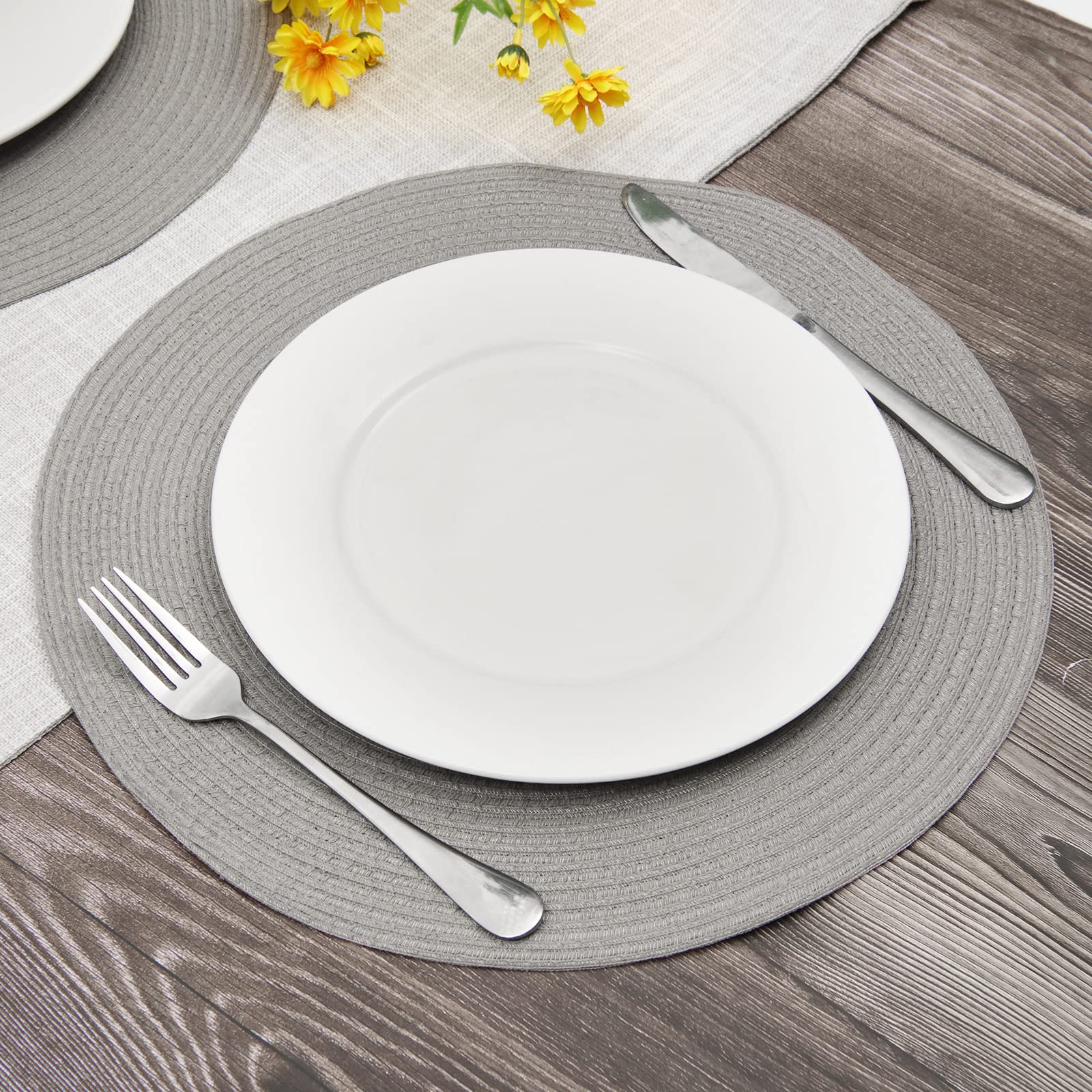 Shacos Round Braided Placemats Set Of 6 Thick Fabric Place Mats Woven Table Mats For Dining Tables 15 Inch (Gray, 6)