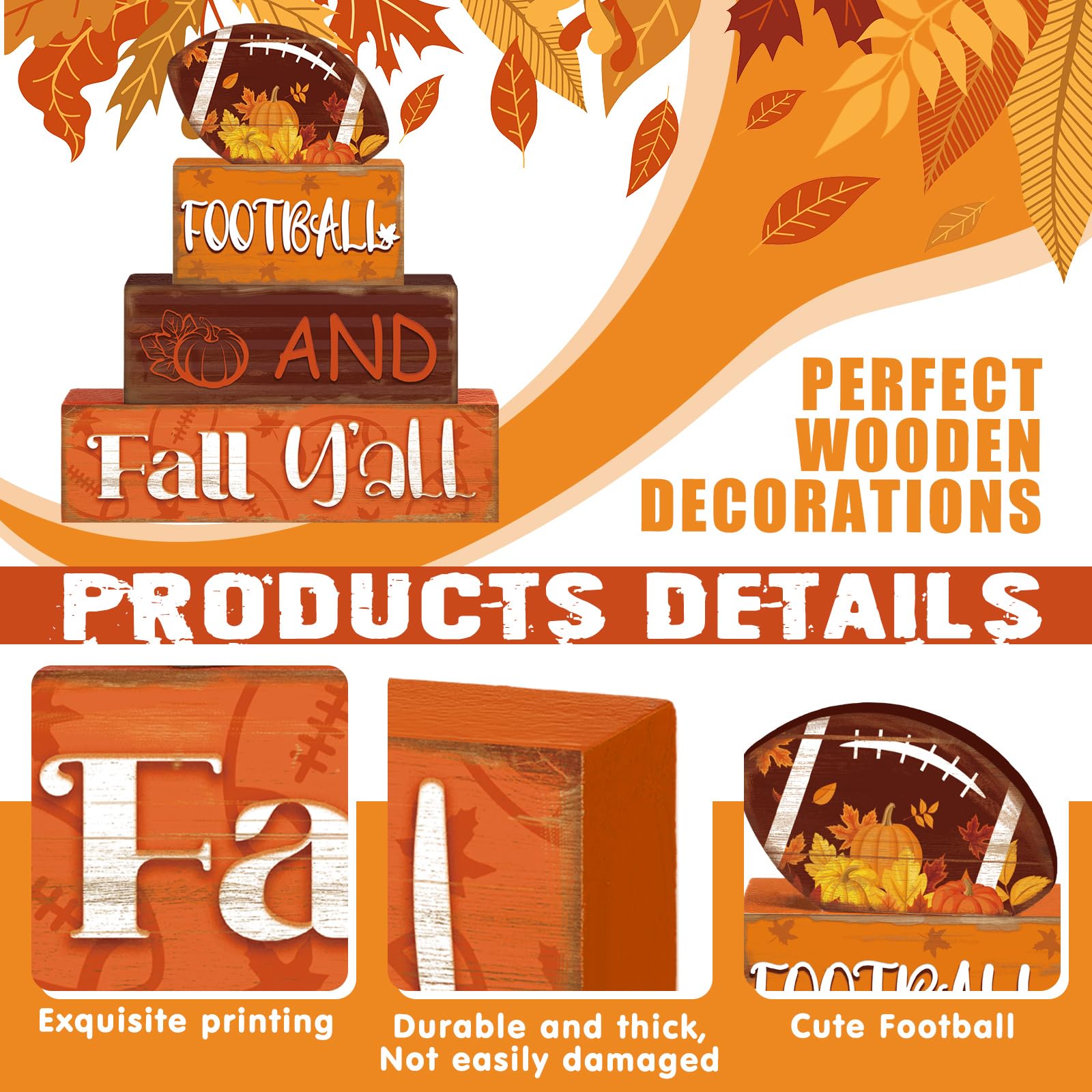 4 Pcs Fall Thanksgiving Decor for Home Football Wooden Signs with Sayings Fall Thanksgiving Tiered Tray Decor Pumpkin Football T
