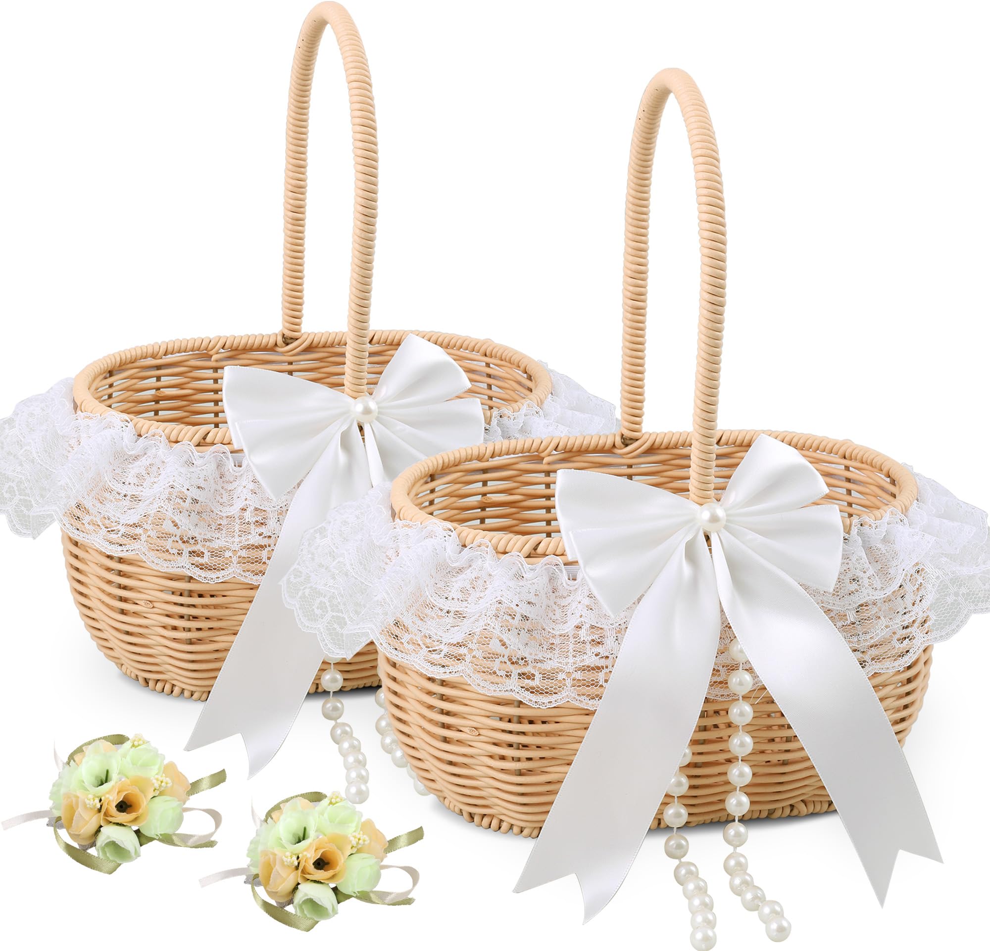 2Pcs Flower Girl Basket with Wrist Corsage, Rustic Basket for Flower Girl