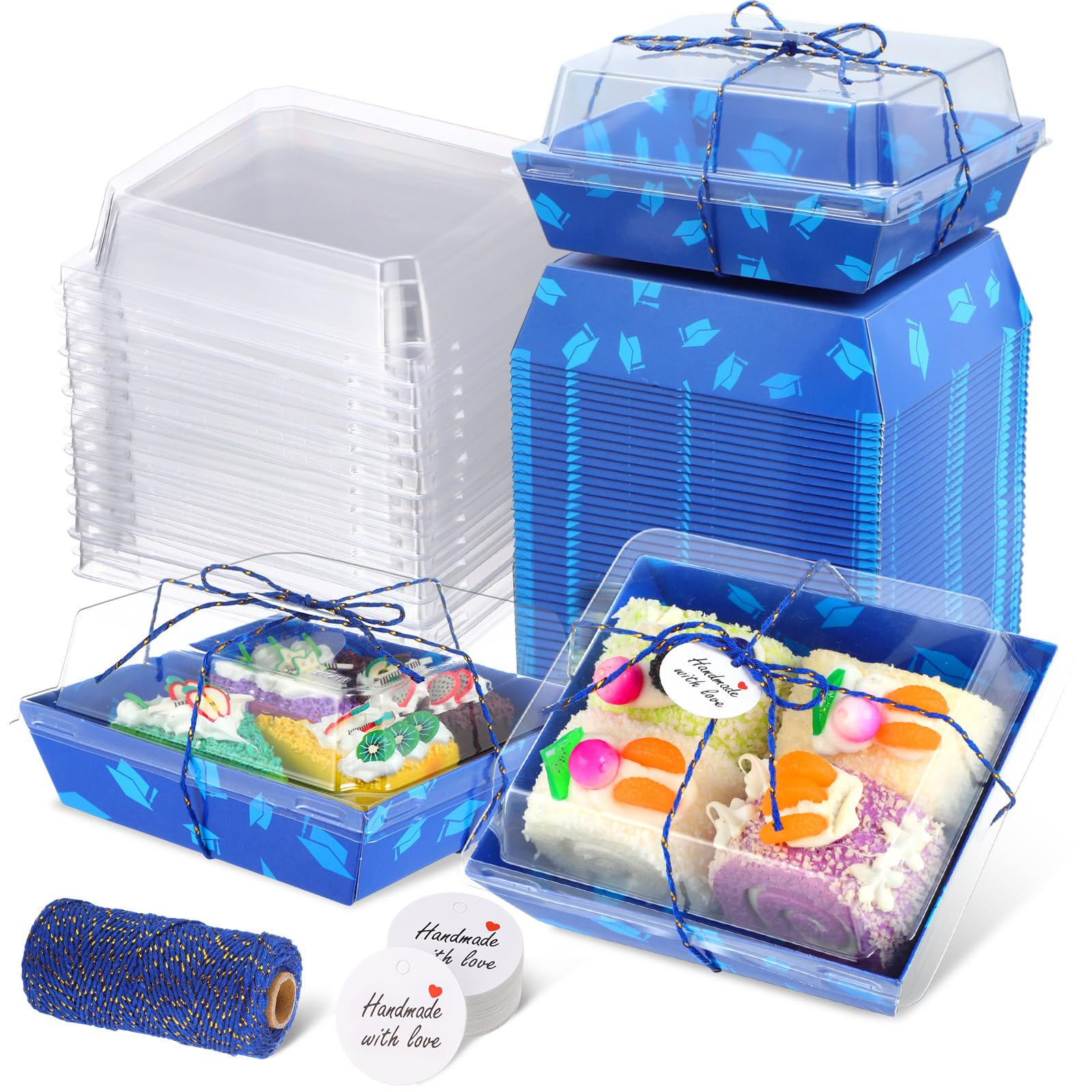 Outus 100 Pack Graduation Party Paper Food Containers Blue Charcuterie Boxes with Clear Lids, 5.7 x 5.1  Graduation Party Supp