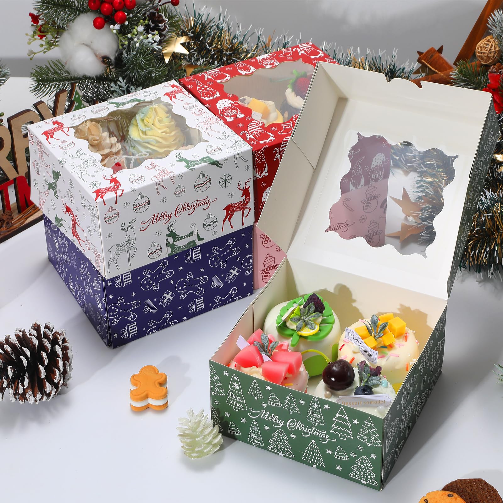 COTOPHER 30Pcs Christmas Cookie Boxes for Gift Giving, 6x6x3 inch Bakery Box with Window, Xmas treat Boxes for Holiday Party Fav