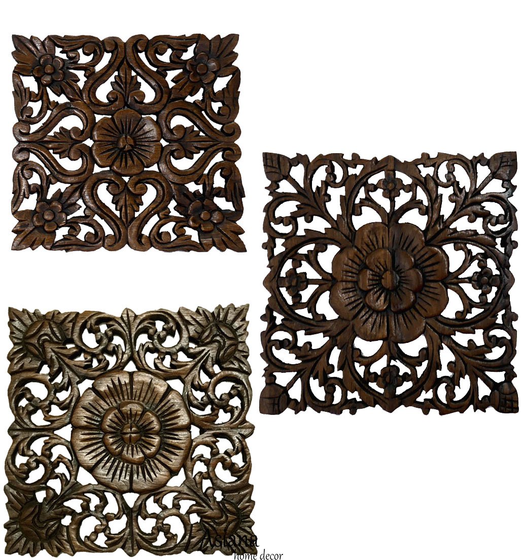 Asiana Home Decor Set of 3 Square Teak Wood Wall Plaques. Floral Wall Art. Rustic Brown. 12  Square