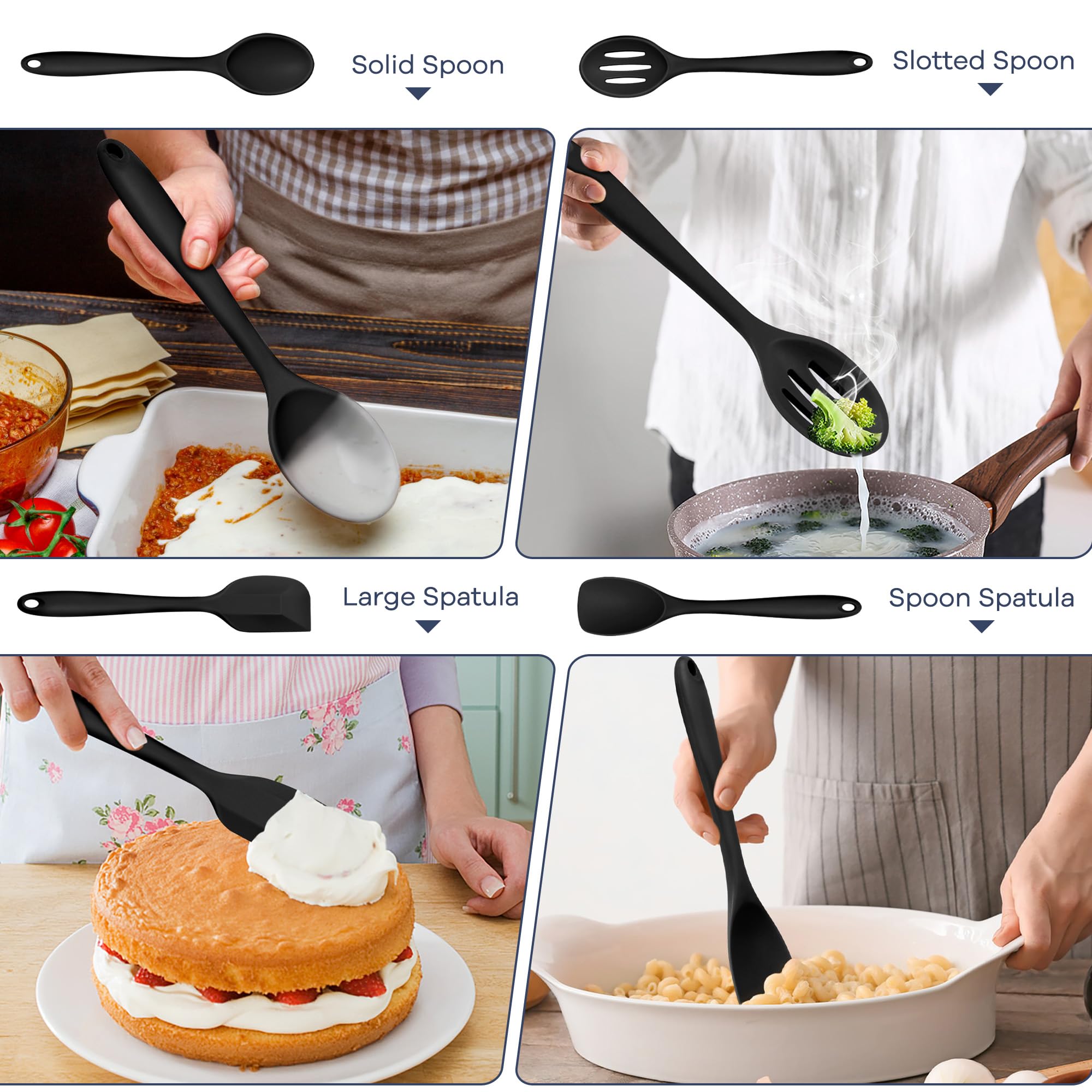 Teamfar Silicone Cooking Utensil Set Of 7, Black Kitchen Nonstick Tools Turner Spoon Spatula Ladle Pasta Server For Nonstick Coo
