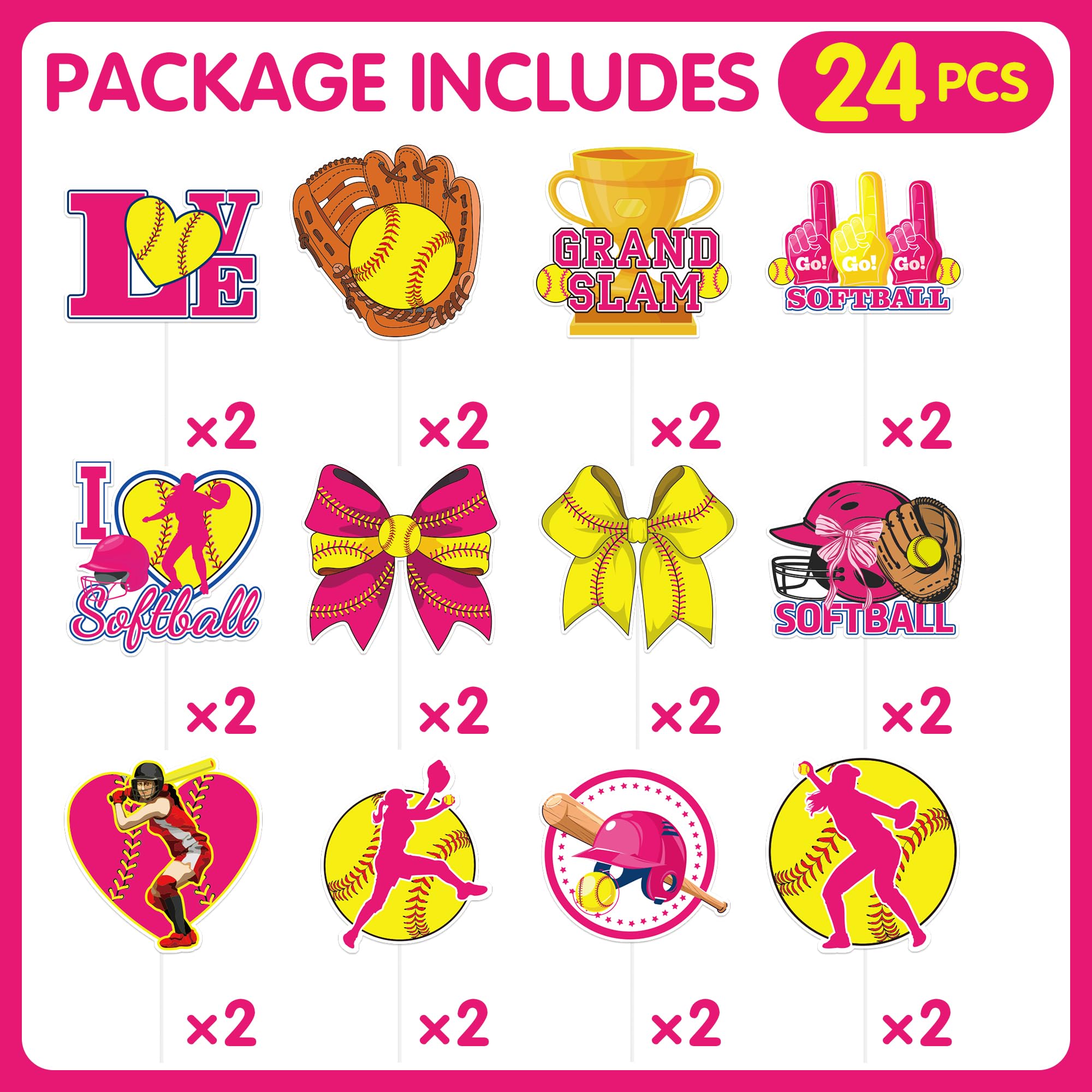 Hokinaa Softball Cupcake Toppers Decorations - 24 Pcs Sports Theme Birthday Cup Cake Topper Picks, Pink Yellow Baseball Sport Ta