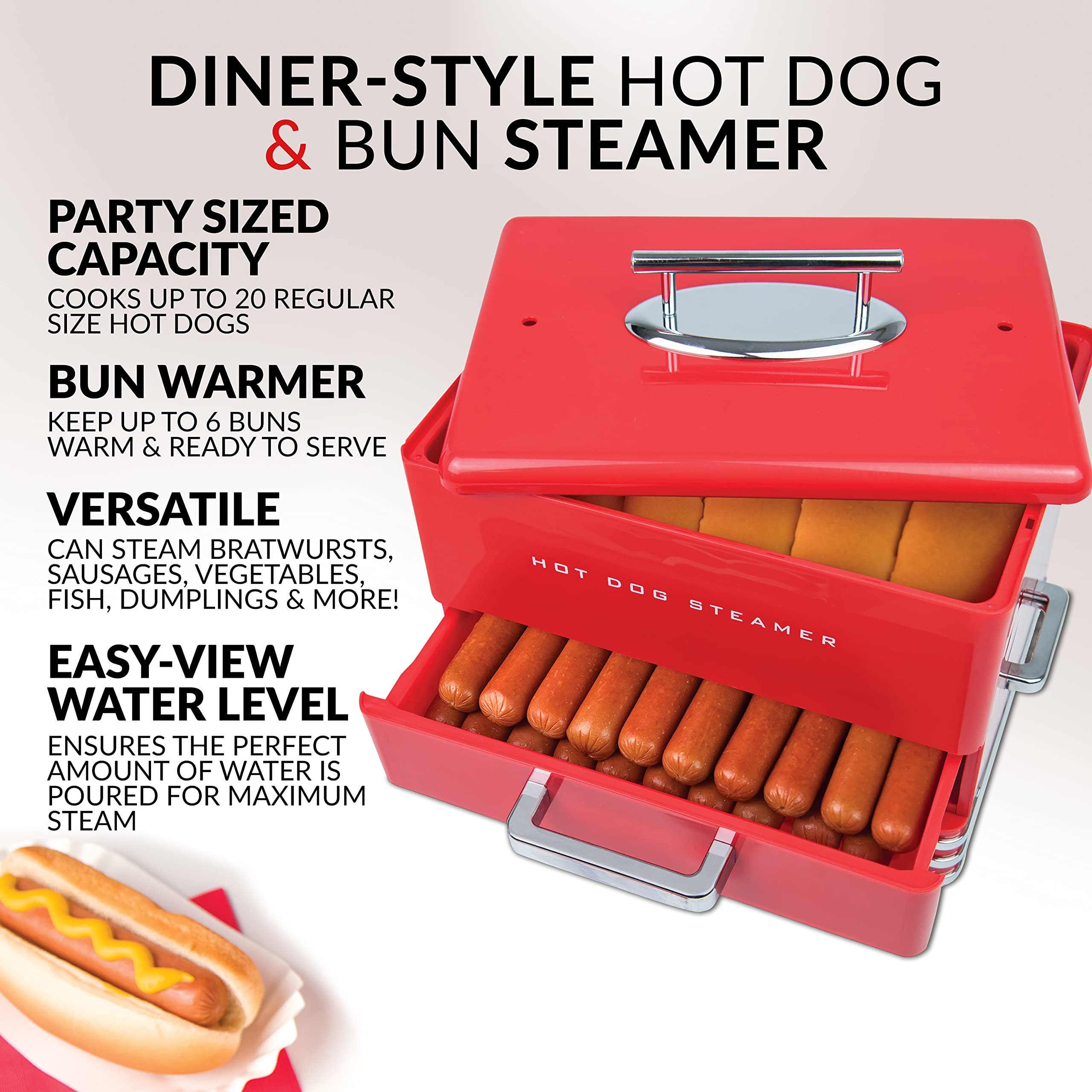 Nostalgia Extra Large Diner-Style Steamer 20 Hot Dogs And 6 Bun Capacity, Perfect For Breakfast Sausages, Brats, Vegetables, Fis