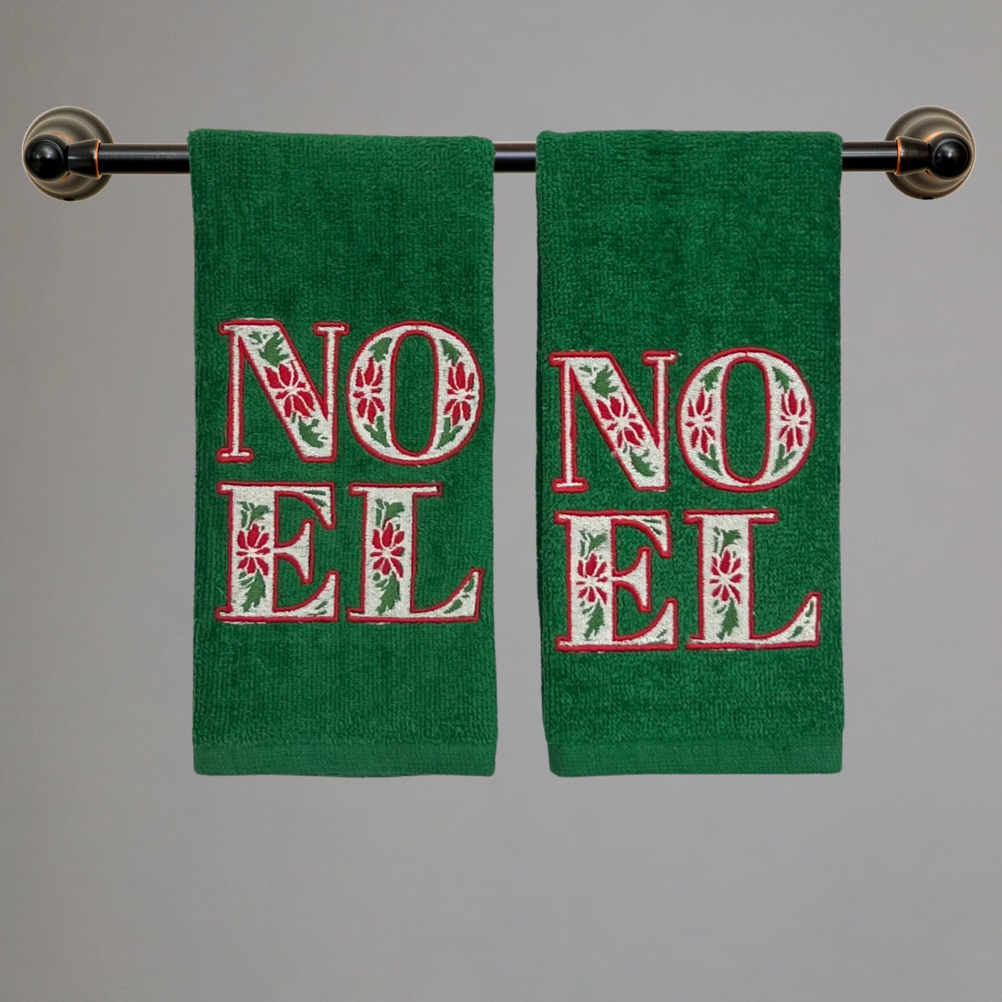 Serafina Home Holiday Christmas Bath Fingertip Towels, Embroidered Poinsettia Noel, Green With Stitched Hem, 2 Piece Set, 12 X 1