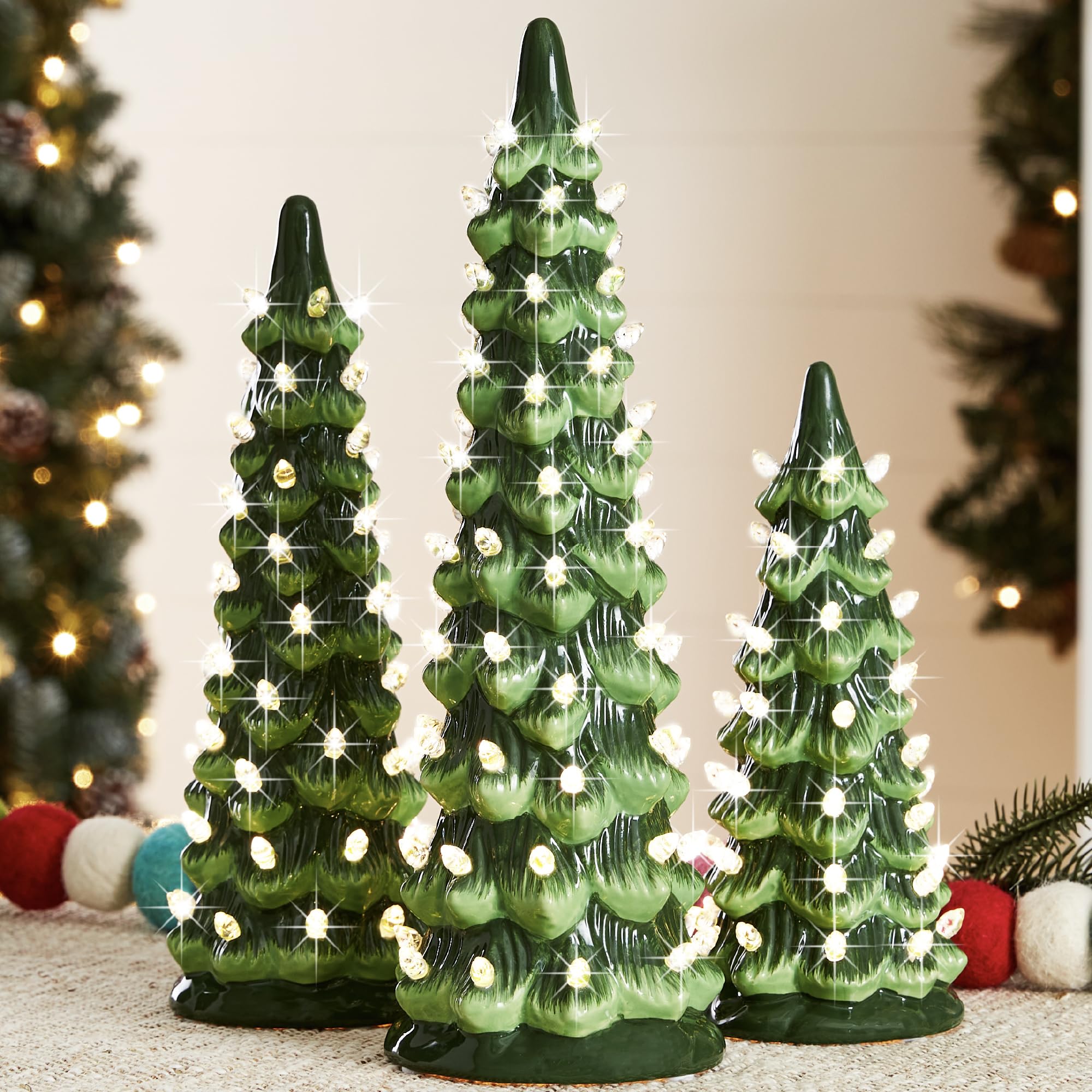 Best Choice Products Set of 3 Ceramic Christmas Trees, Pre-Lit Hand-Painted Tabletop Holiday Decoration w/Warm White Bulbs LED L