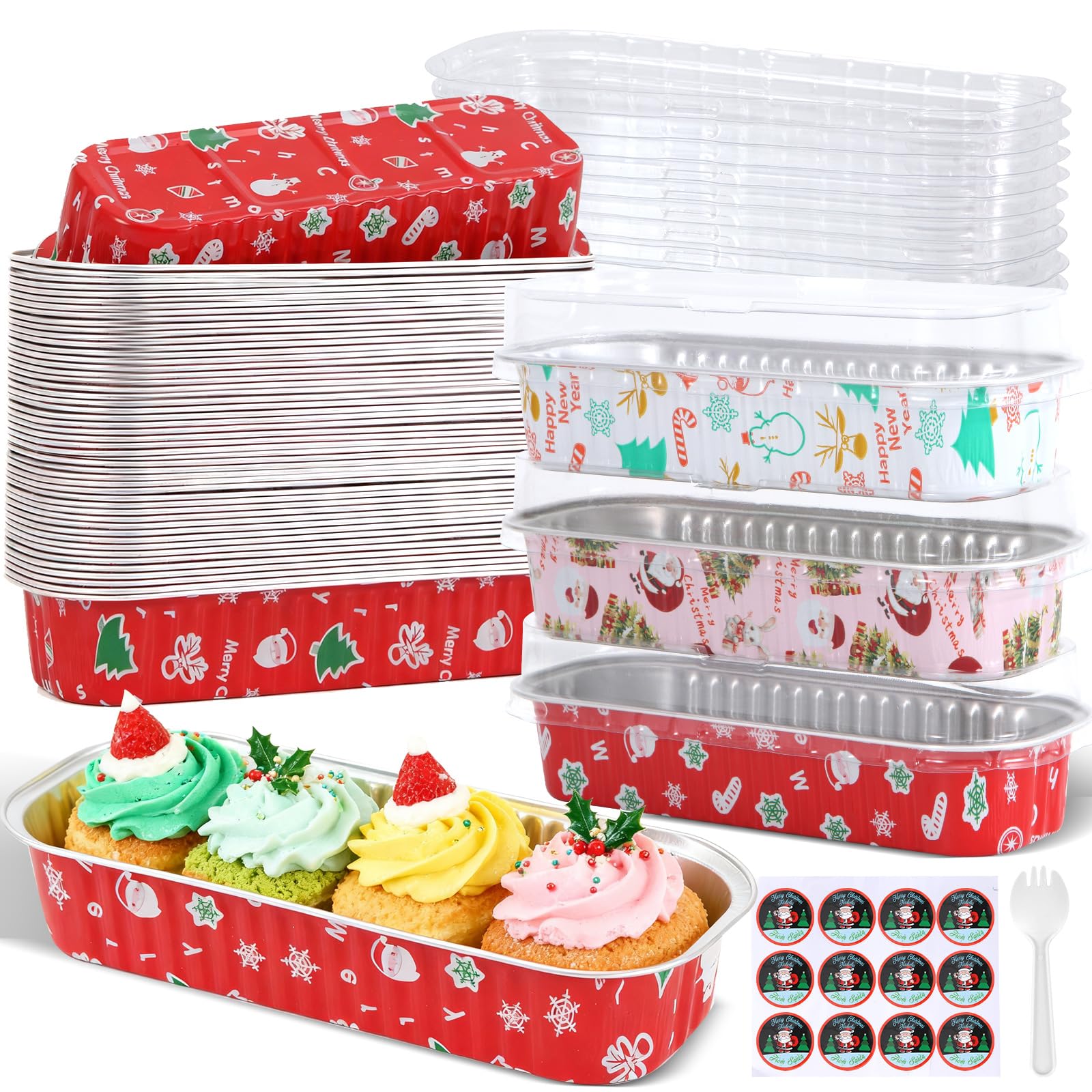 ylnurac 50Pack Mixcolor Christmas Mini Cake Pans with Lids and Spoons Mini Loaf Pans with Lids, 6.8Oz Aluminum Foil Pans Tins, I
