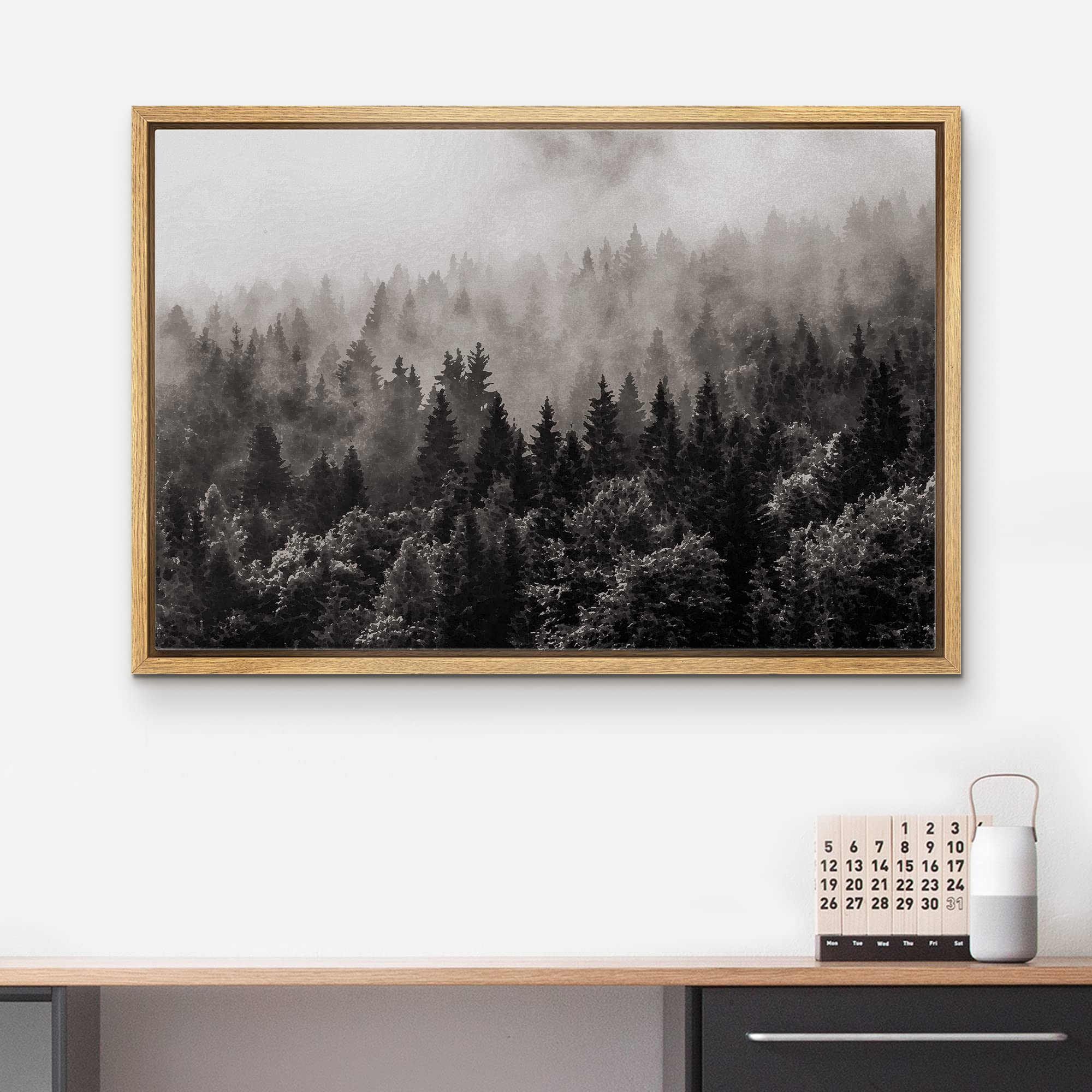Wall26 Framed Canvas Wall Art - Misty Forest In Black And White - Gallery Wrap Modern Home Art | Ready To Hang - 16''X24'' Natur