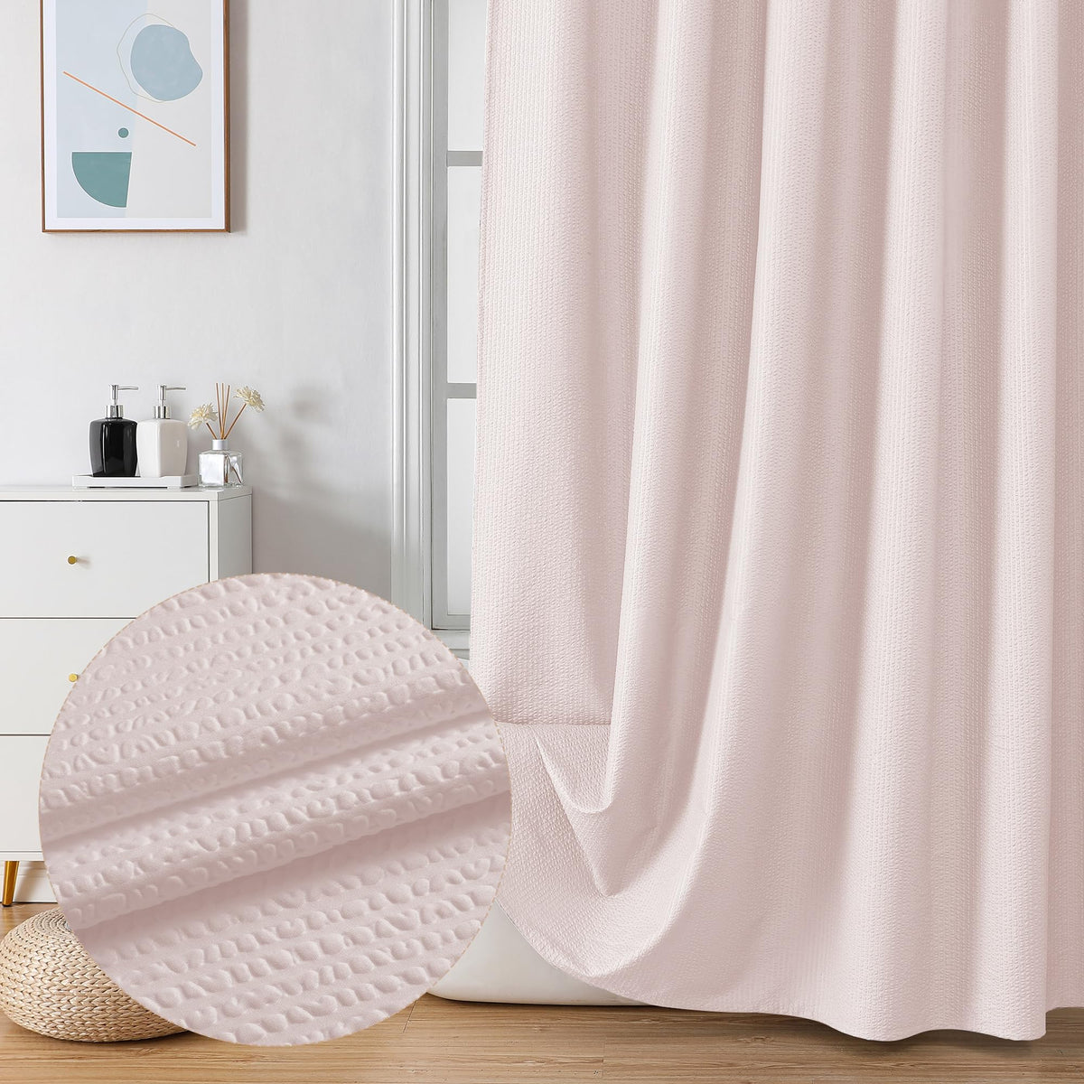 Ovzme Berry 78 Inch Shower Curtain Set With 12 Plastic Hooks, 3D Embossed Fabric Blush Pink Shower Curtain For Bathroom - Long S