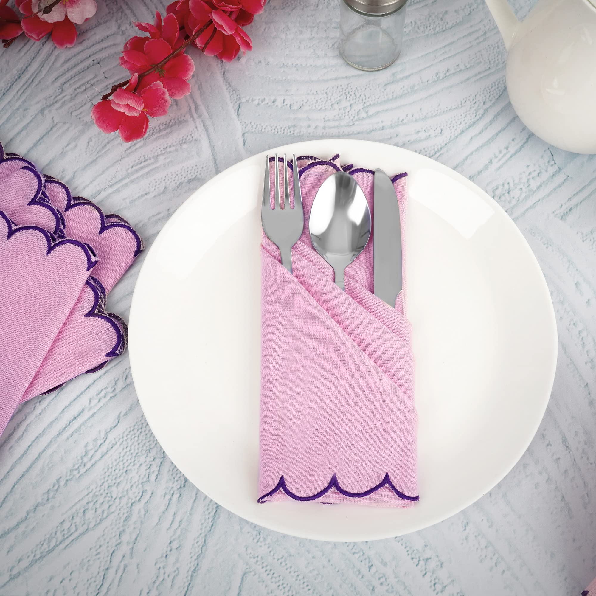 Fingercraft Cloth Napkins, Everyday Use Reversible Scallop Design, Premium Quality Cotton Linen Blend Napkin Set Of 6 Perfect Fo