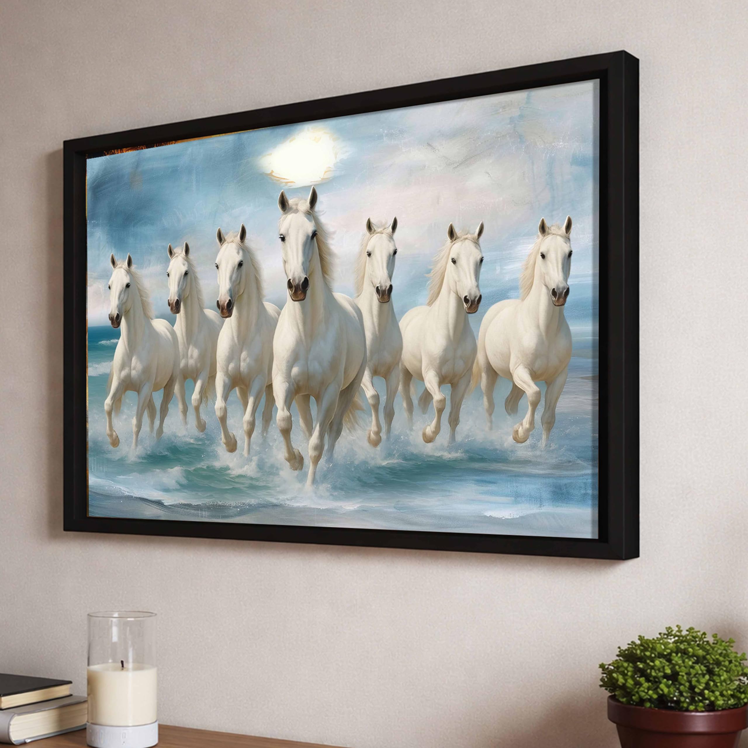 7 White Running Horses Vastu Framed Wall Art Painting For Living Room| Symbol Of Success, Purity & Positive Energy Seven Horse P