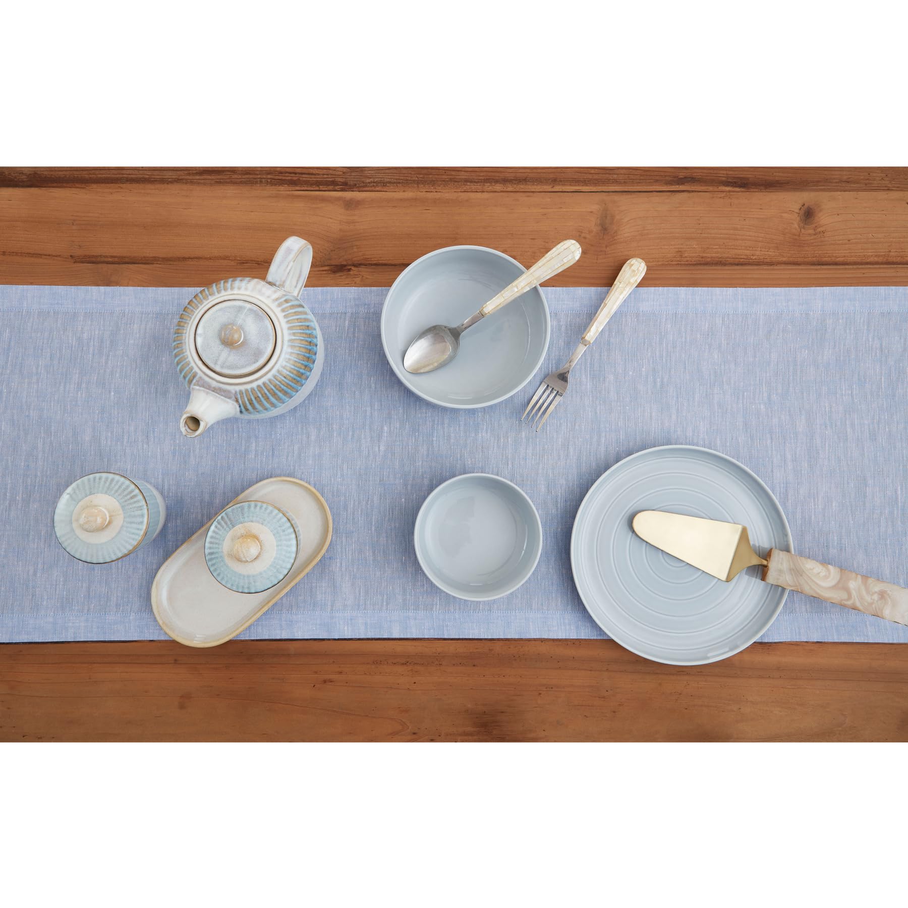 Solino Home Linen Table Runner 132 Inches Long - 100% Pure Linen Chambray Blue Table Runner 14 X 132 Inch - Machine Washable Din