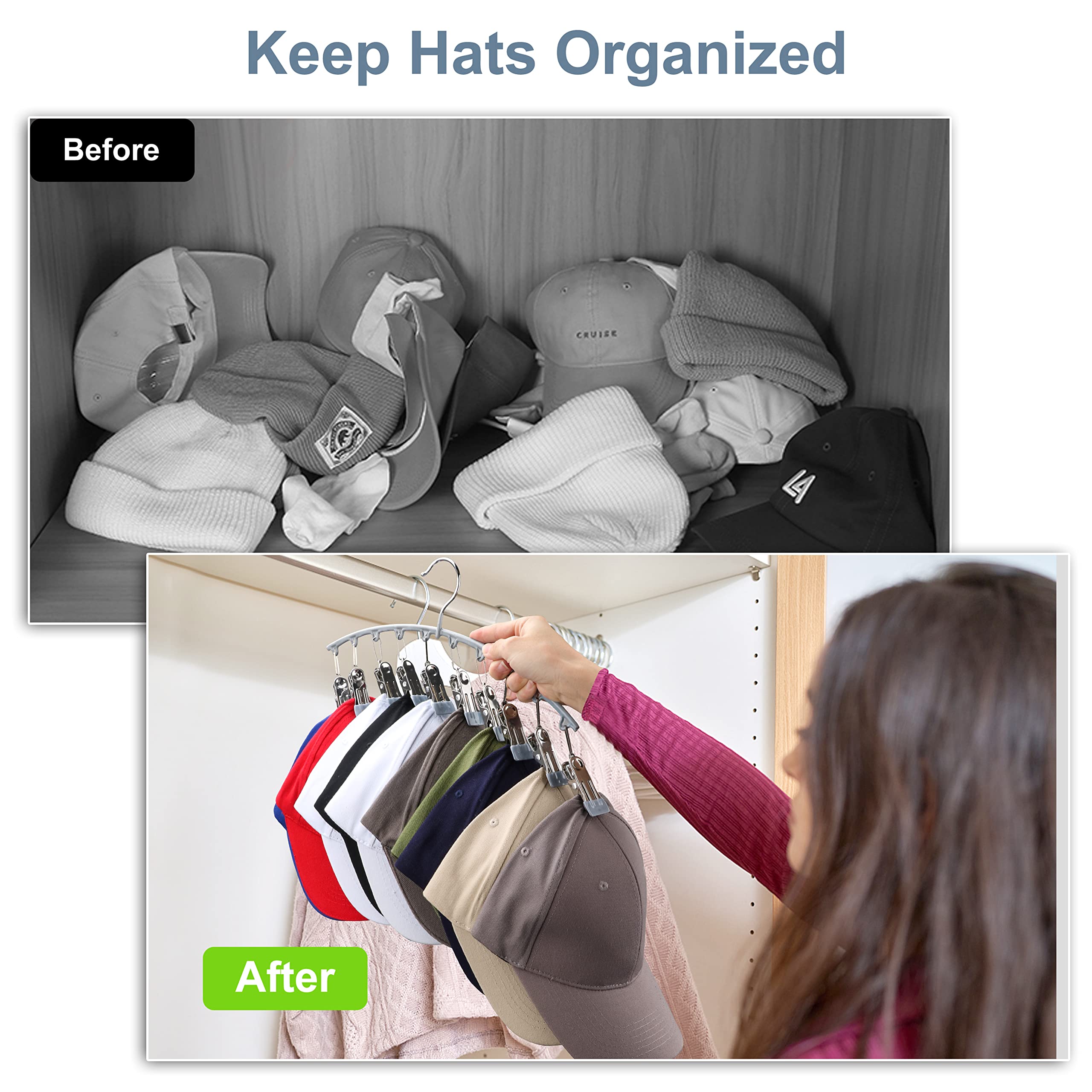 Yecuip Hat Hangers For Closet, Metal Hat Organizer For Baseball Caps 2 Pack Door Hat Racks For Baseball Caps With 10 Large Clips