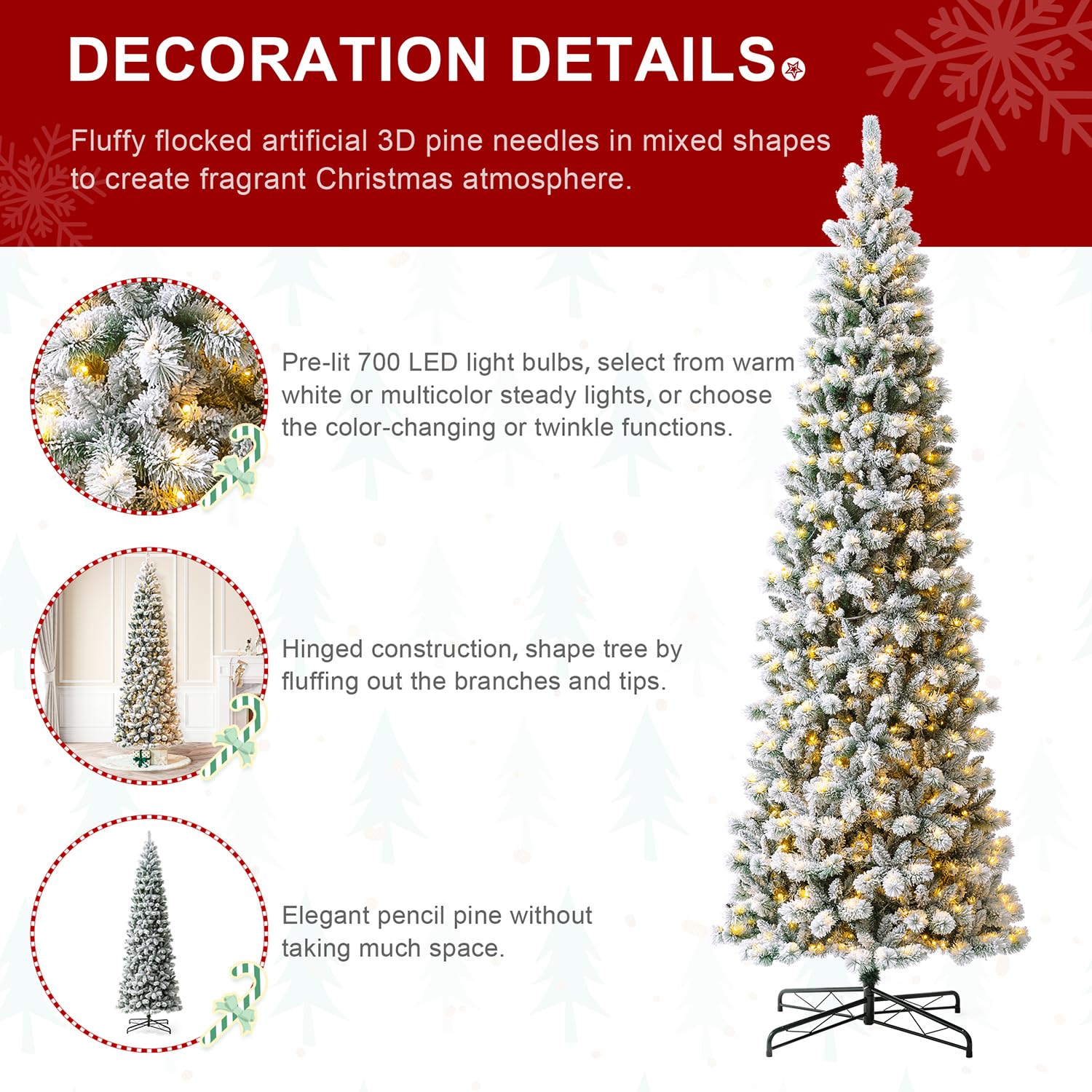 Glitzhome 11ft Prelit Artificial Christmas Tree, Flocked Pencil Christmas Tree with 700 Warm White/Multi-Color Lights, Remote Co
