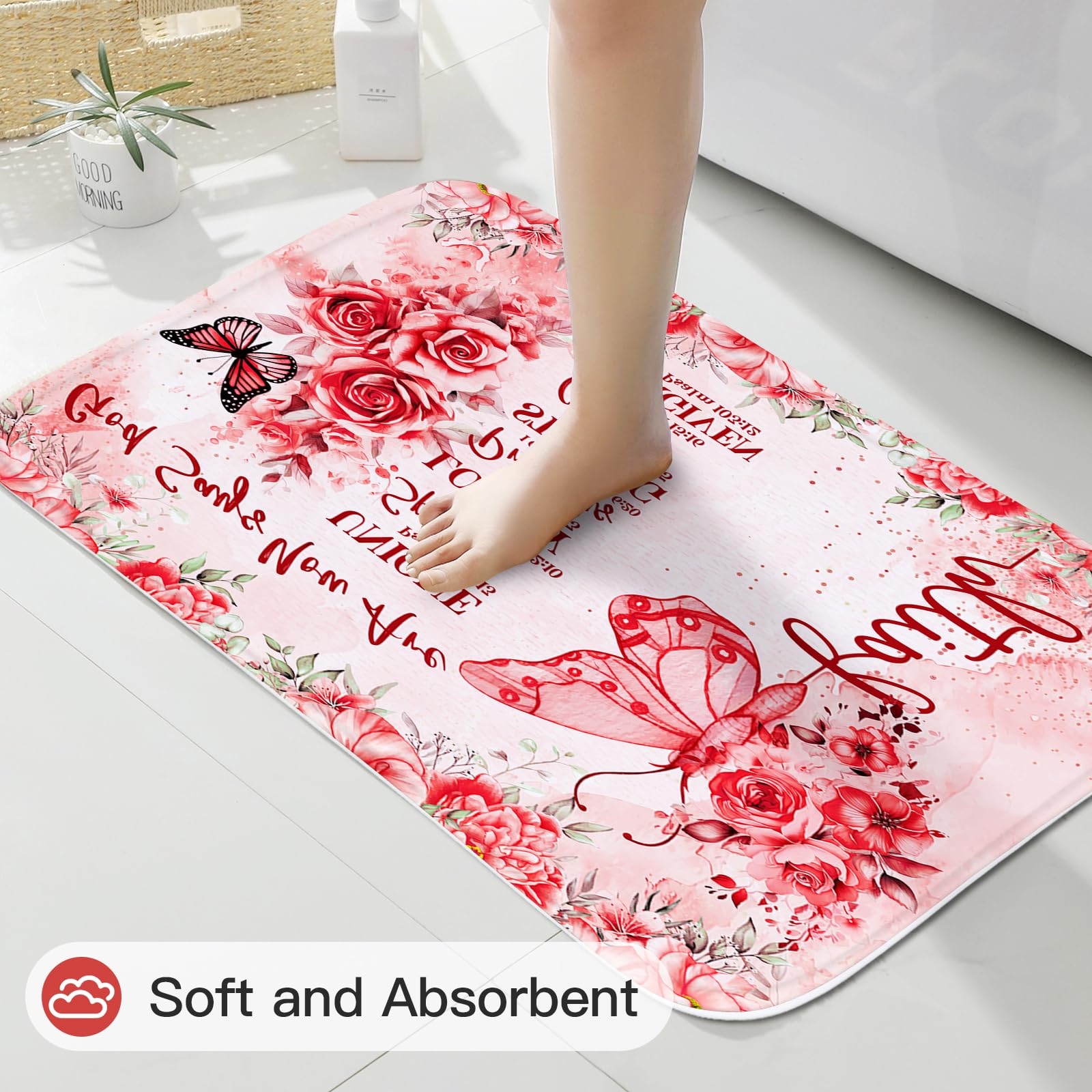 Litabel 4 Pcs Red Butterfly Inspirational Quotes Shower Curtain Set With Rugs And Toilet Lid Cover, Colorful Boho Waterproof Fab