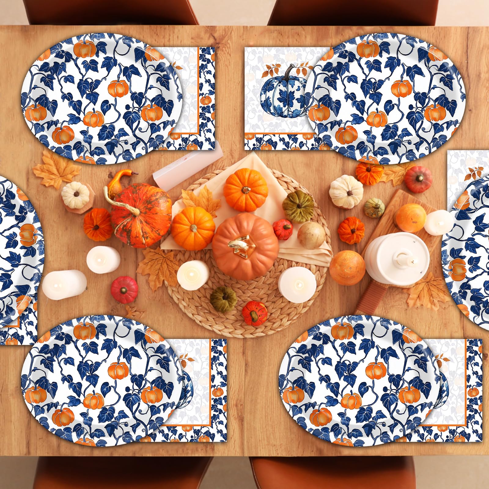 50 Pcs Blue Pumpkin Fall Oval Paper Plates 11inch Autumn Floral Leaves Plates and Napkins Thanksgiving Oval Disposable Dinnerwar