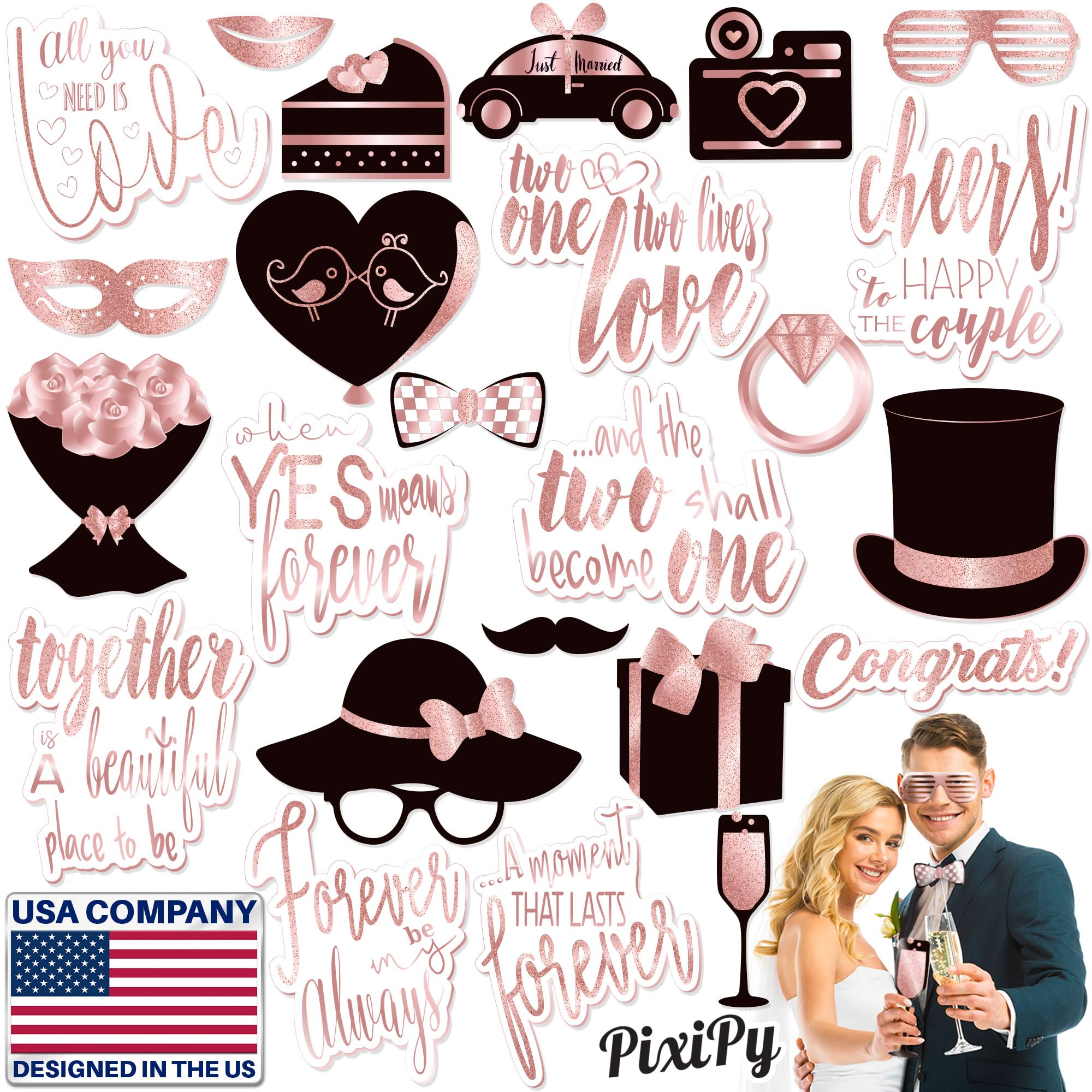 Rose Gold Wedding Photo Booth Props  (No Glitter) Large and Durable Photobooth Props and Signs for Weddings, Bridal Showers, Ba