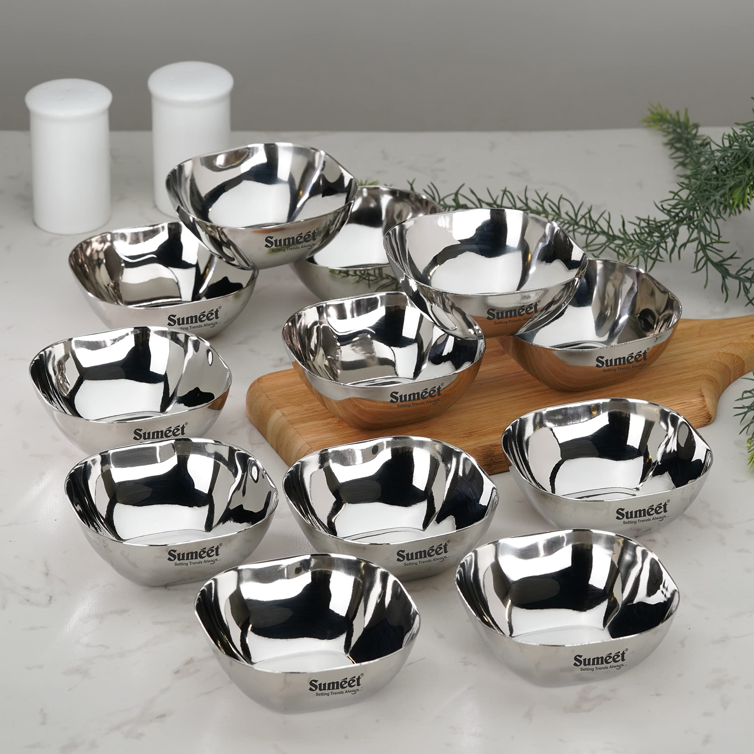 Sumeet Heavy Gauge Stainless Steel Apple Square Bowl Wati Katori with Mirror Finish - 8cm Dia  Set of 12pc  180ML Each - Silver